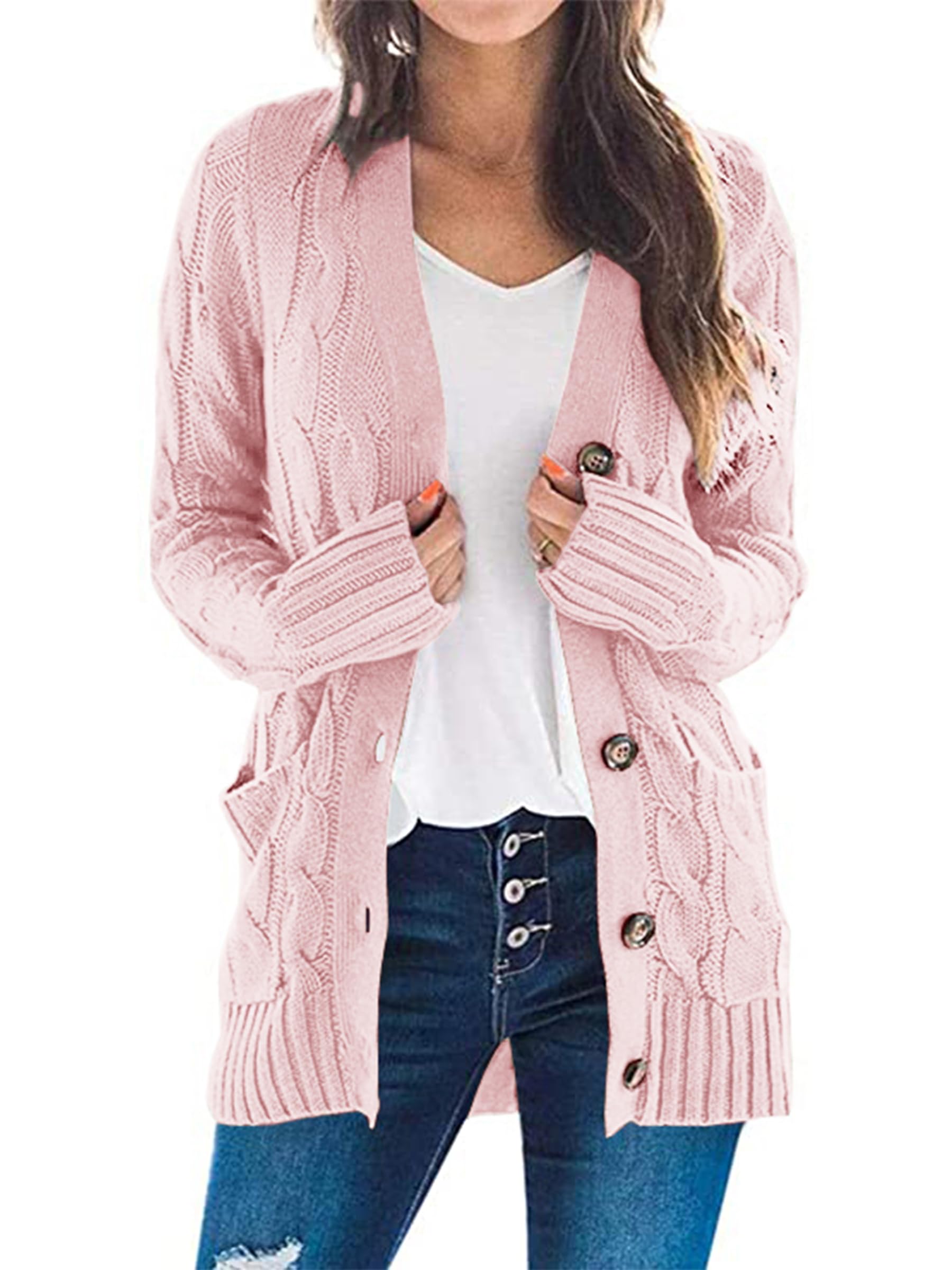 Jersey Tipo Cárdigan Prettygarden De Punto Trenzado Rosa Empolvado Para Mujer - Venta Internacional.