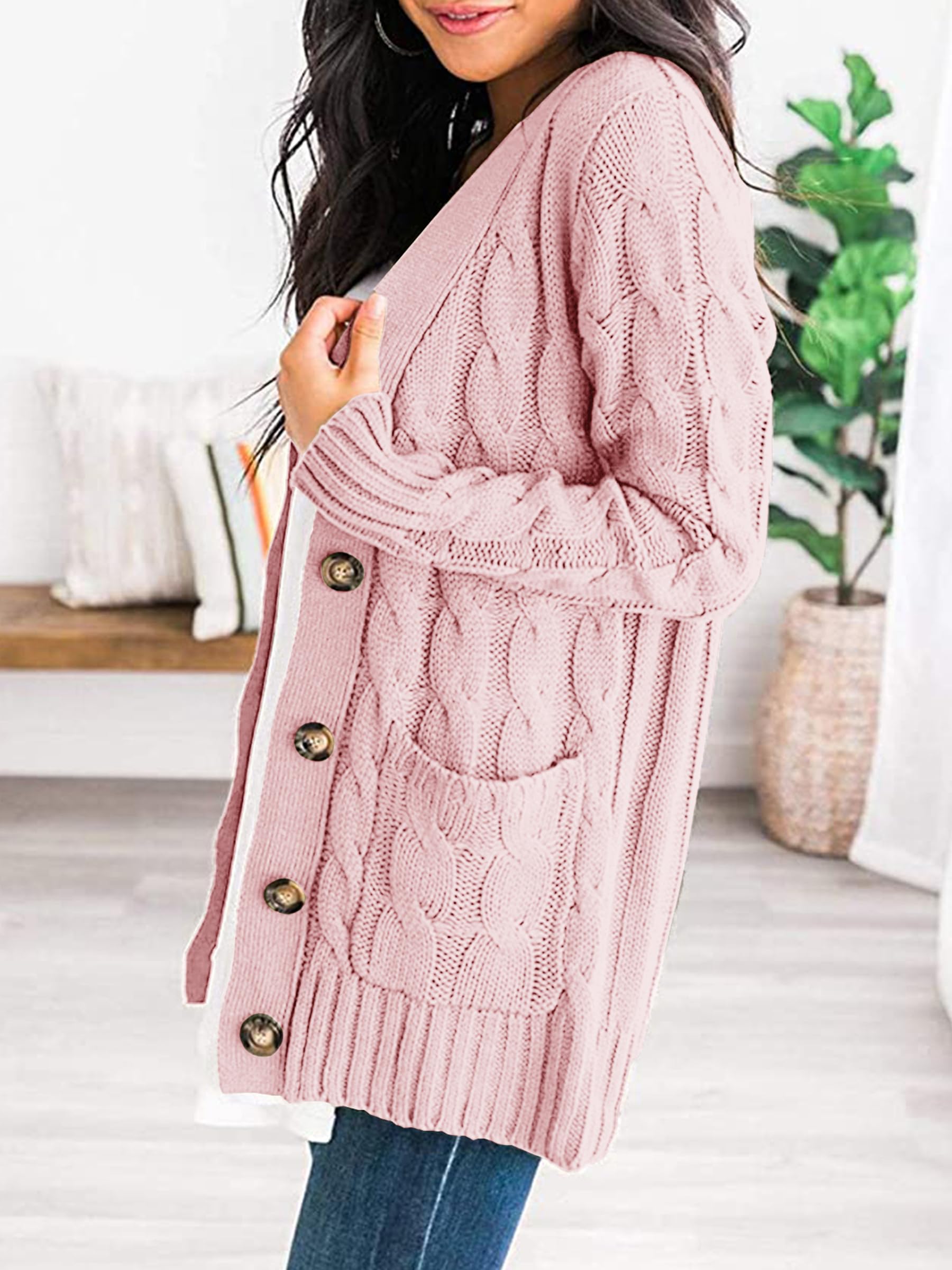 Foto 3 pulgar | Jersey Tipo Cárdigan Prettygarden De Punto Trenzado Rosa Empolvado Para Mujer - Venta Internacional.