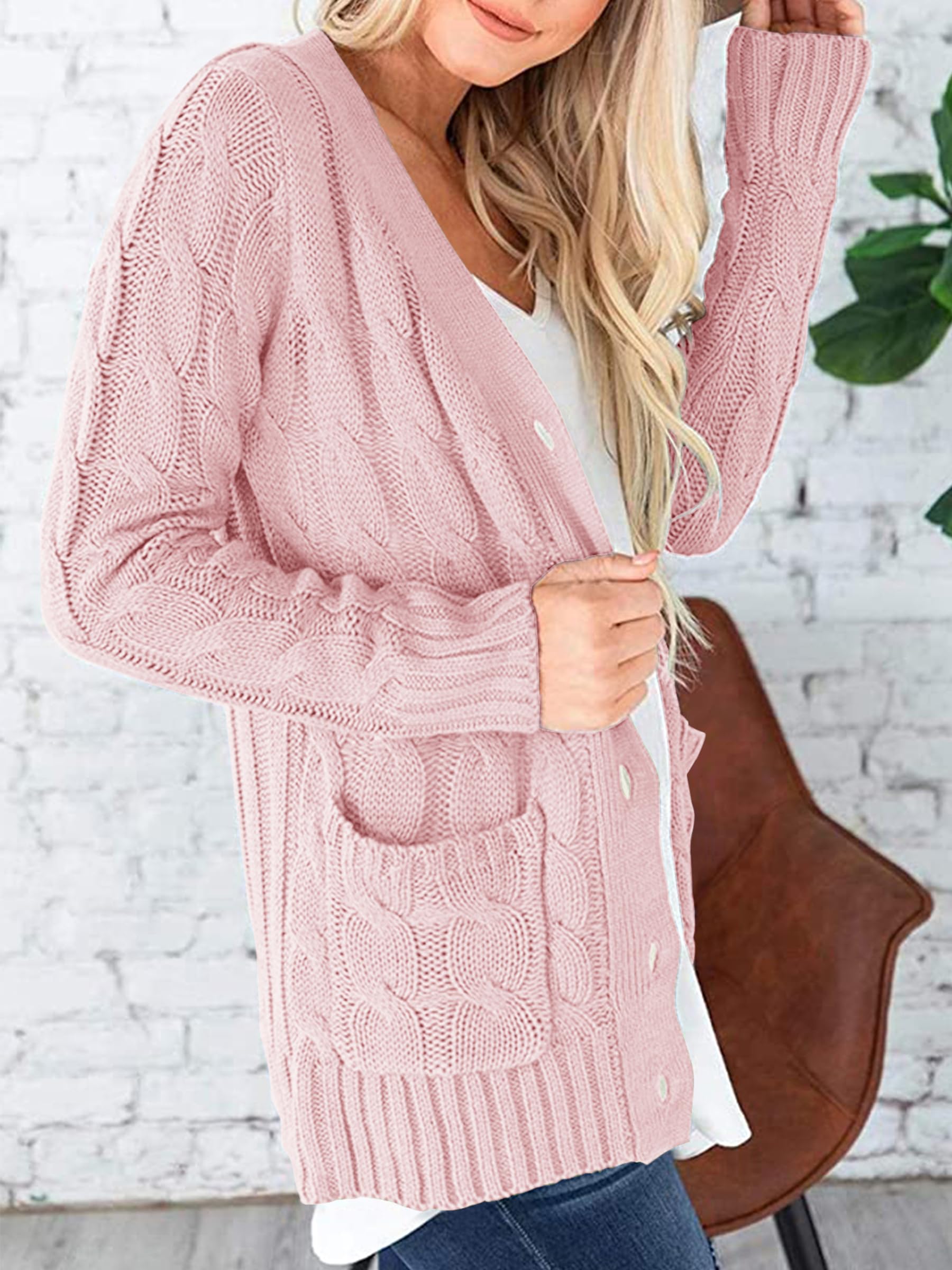 Foto 4 pulgar | Jersey Tipo Cárdigan Prettygarden De Punto Trenzado Rosa Empolvado Para Mujer - Venta Internacional.