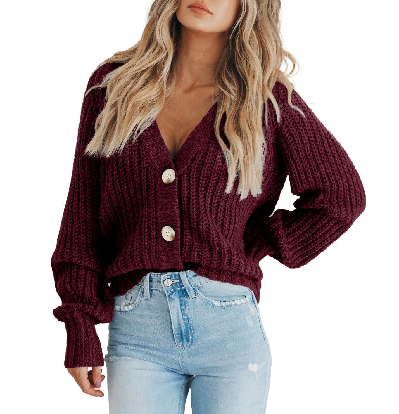 Foto 2 | Cárdigan Prettygarden De Punto De Manga Larga Para Mujer, Color Rojo Vino - Venta Internacional.