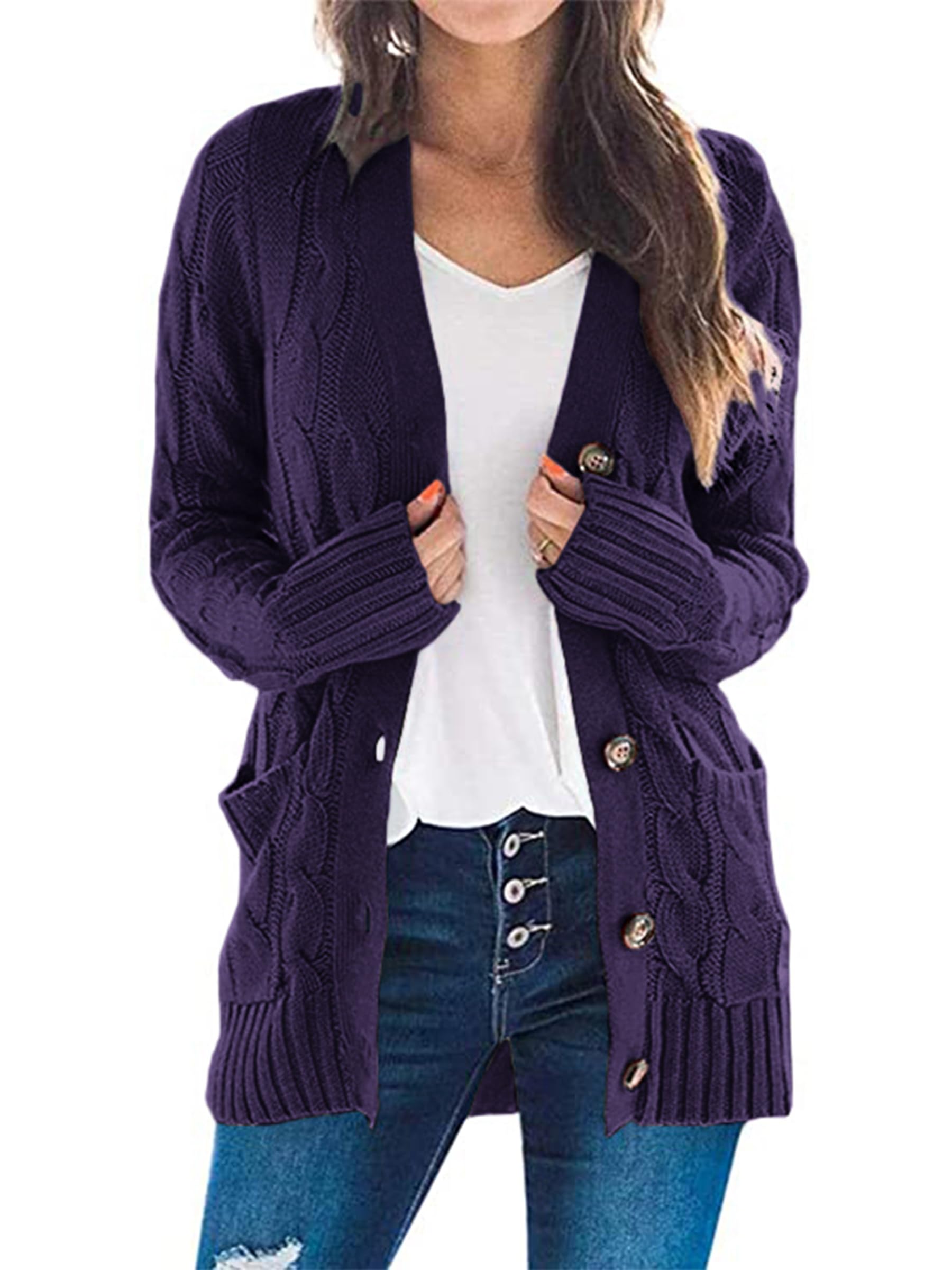 Foto 2 pulgar | Jersey Tipo Cárdigan Prettygarden De Punto Trenzado Para Mujer, Color Morado Oscuro - Venta Internacional.