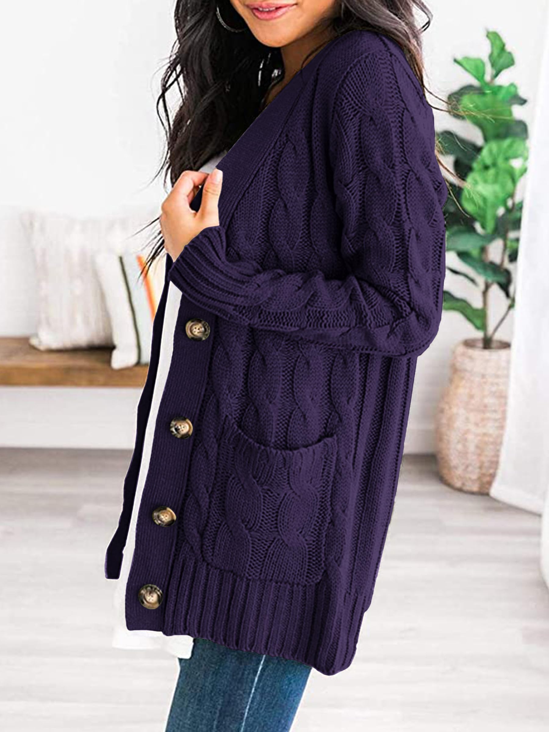 Foto 3 pulgar | Jersey Tipo Cárdigan Prettygarden De Punto Trenzado Para Mujer, Color Morado Oscuro - Venta Internacional.