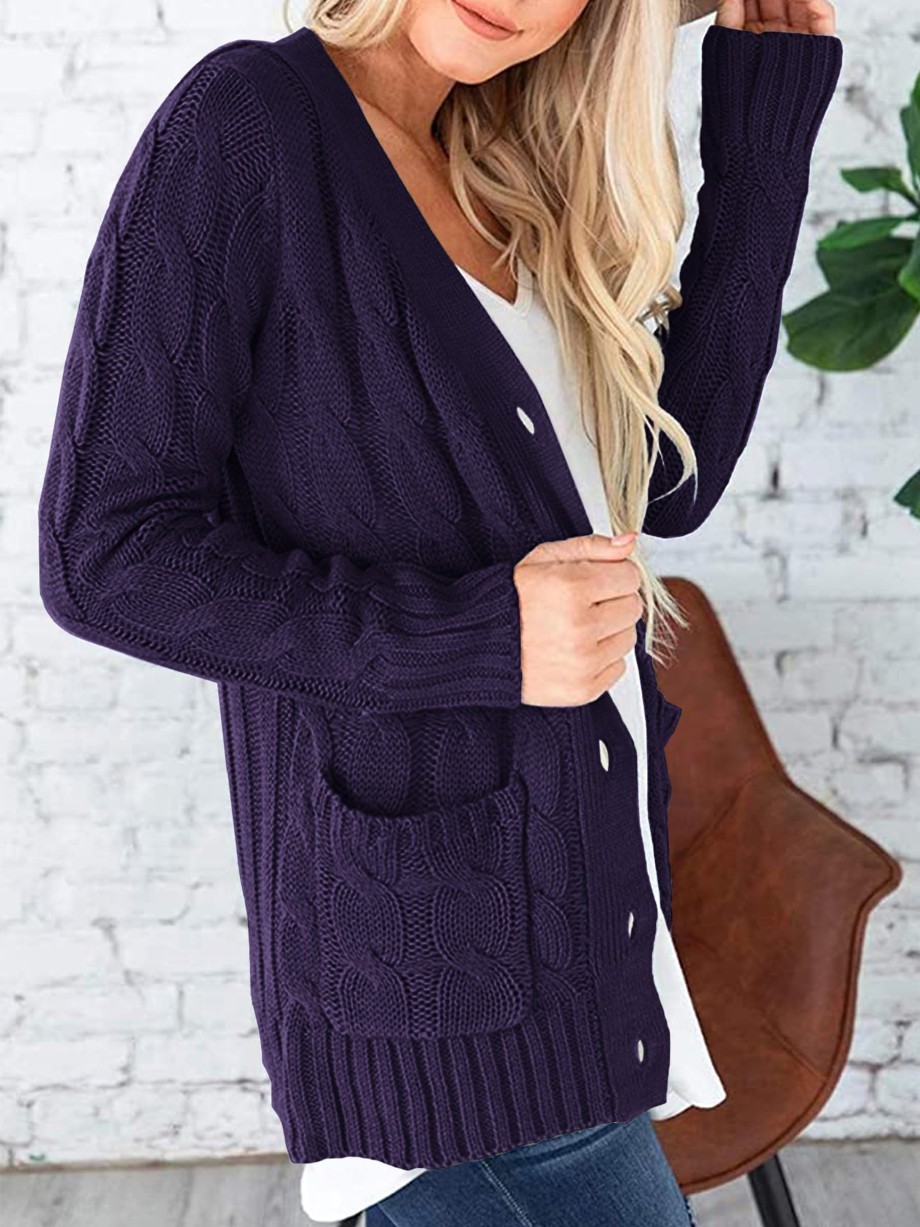 Foto 4 pulgar | Jersey Tipo Cárdigan Prettygarden De Punto Trenzado Para Mujer, Color Morado Oscuro - Venta Internacional.