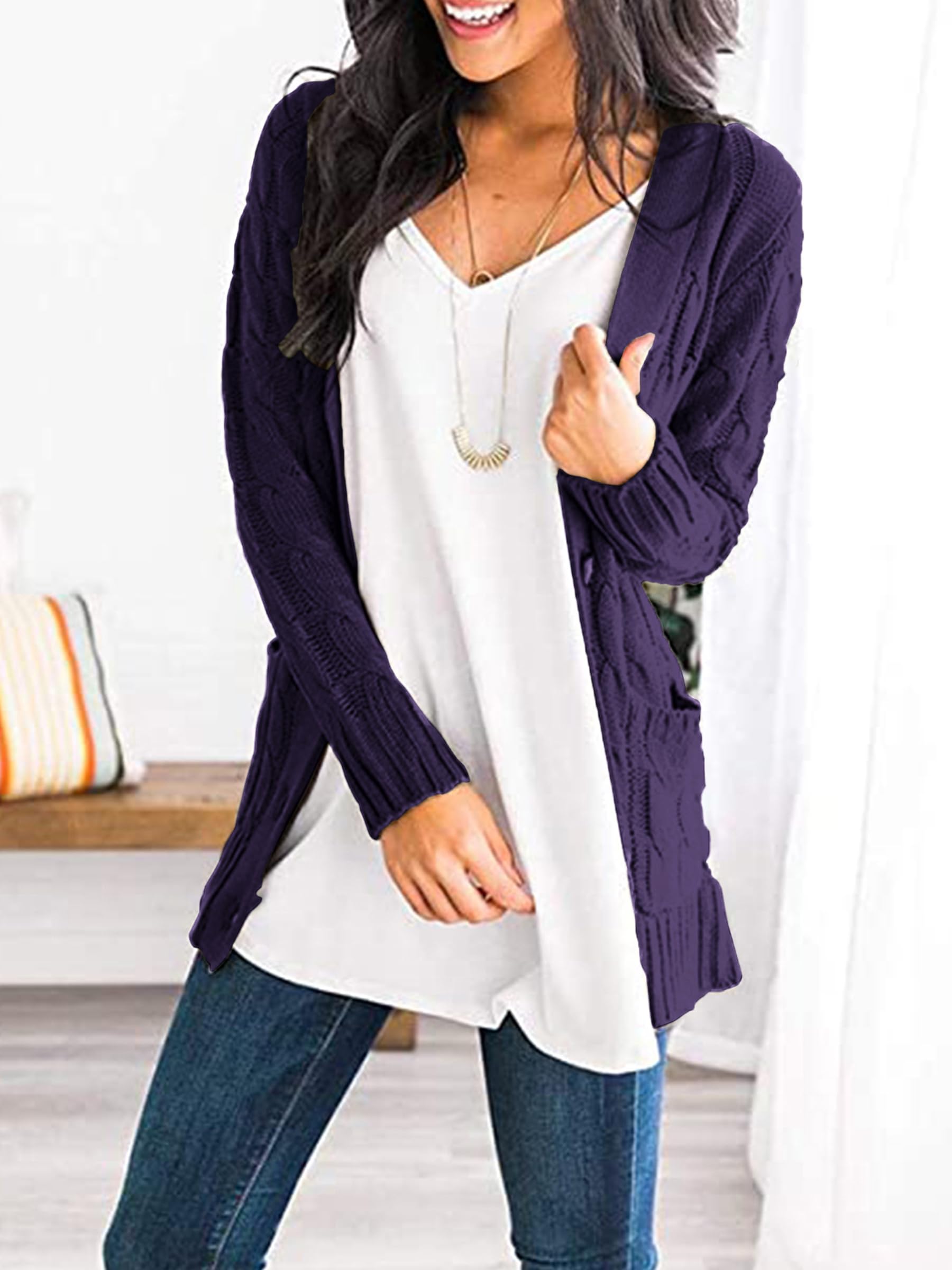 Foto 6 pulgar | Jersey Tipo Cárdigan Prettygarden De Punto Trenzado Para Mujer, Color Morado Oscuro - Venta Internacional.