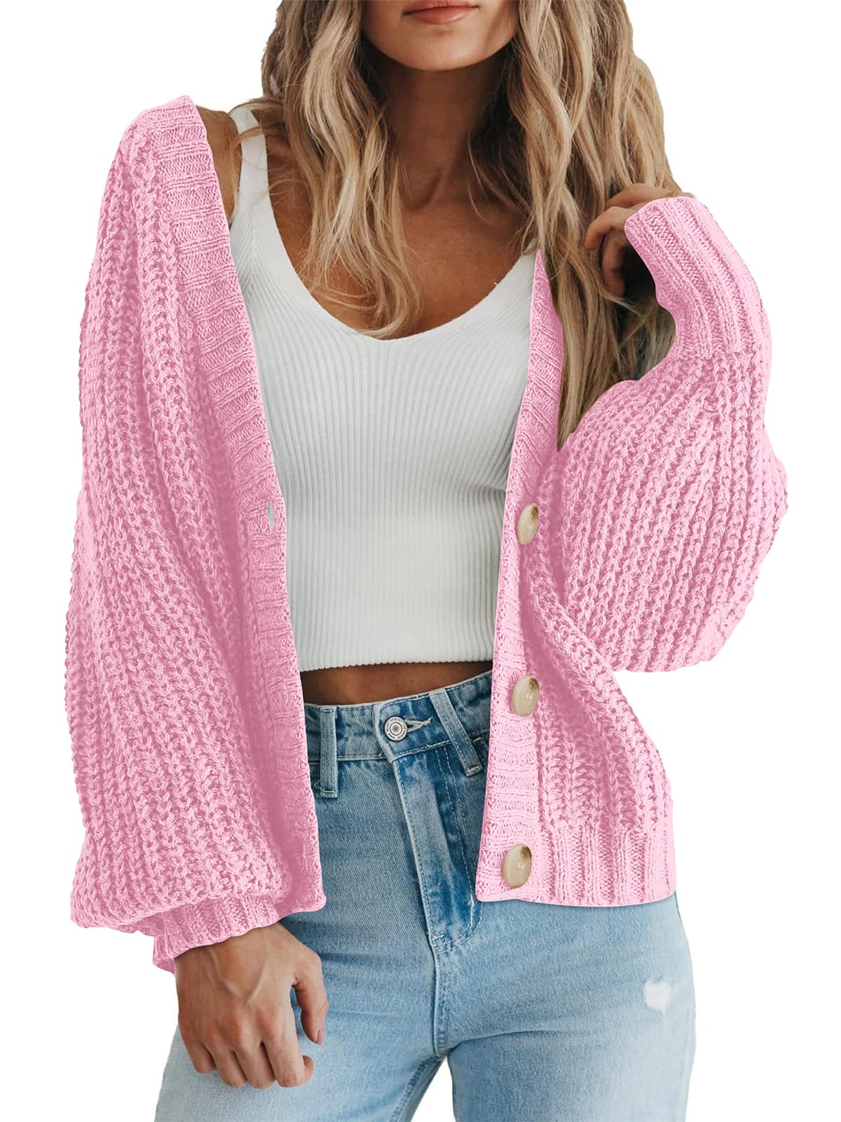 Cárdigan Prettygarden Para Mujer, Cuello En V, Punto Y Botones, Color Rosa - Venta Internacional.