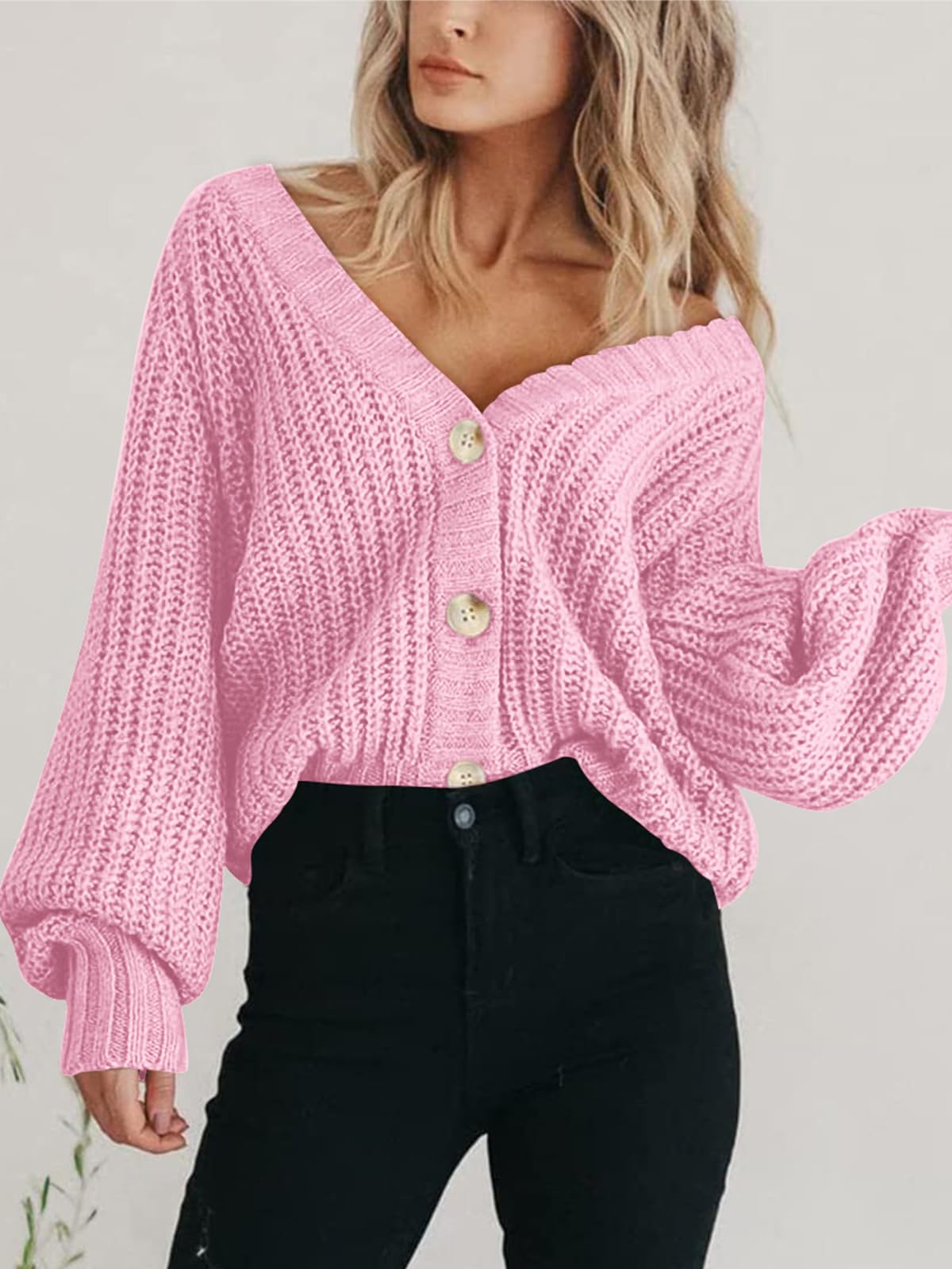 Foto 7 | Cárdigan Prettygarden Para Mujer, Cuello En V, Punto Y Botones, Color Rosa - Venta Internacional.