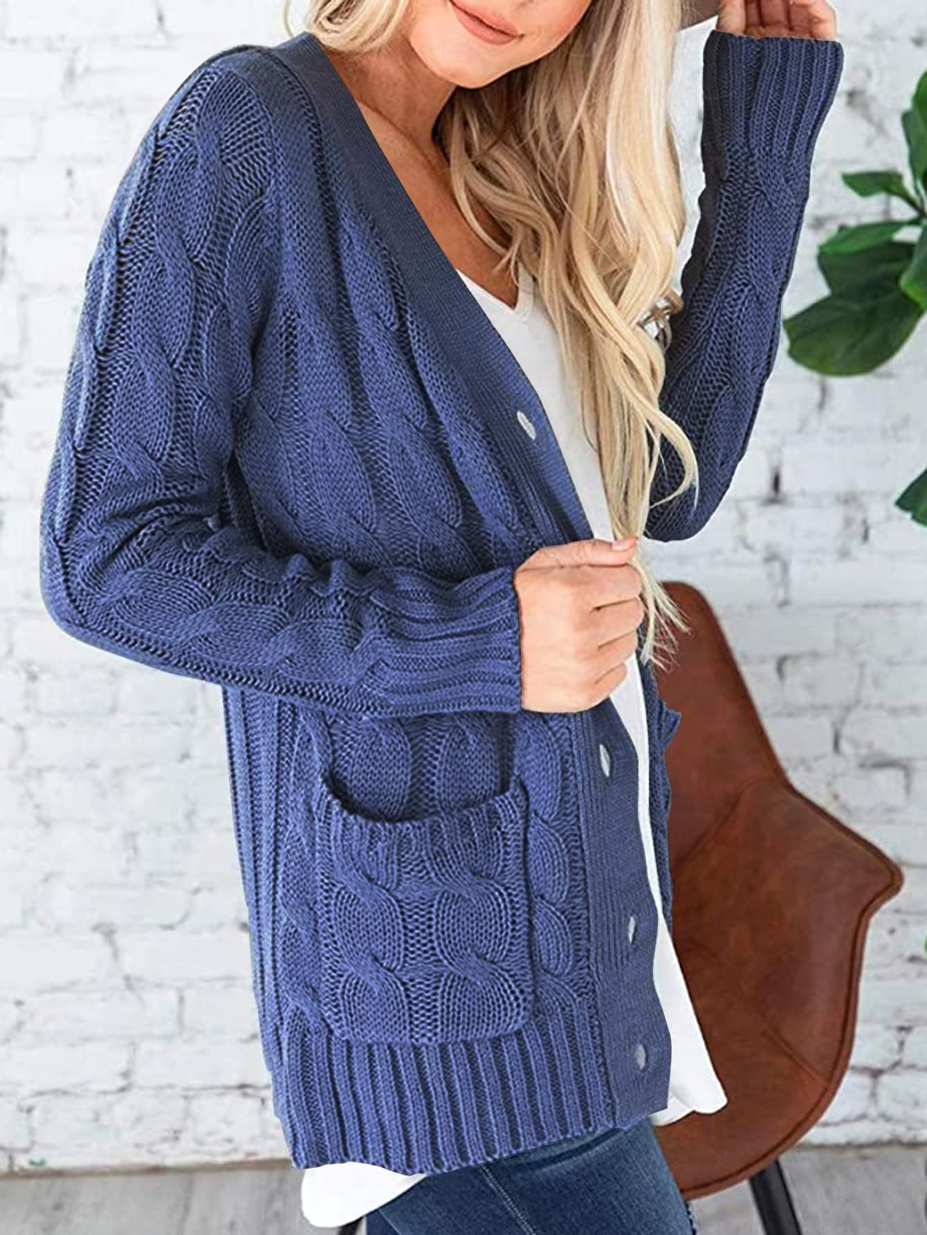 Foto 2 | Jersey Tipo Cárdigan Prettygarden Para Mujer, Tejido Trenzado, Azul Y Gris - Venta Internacional.