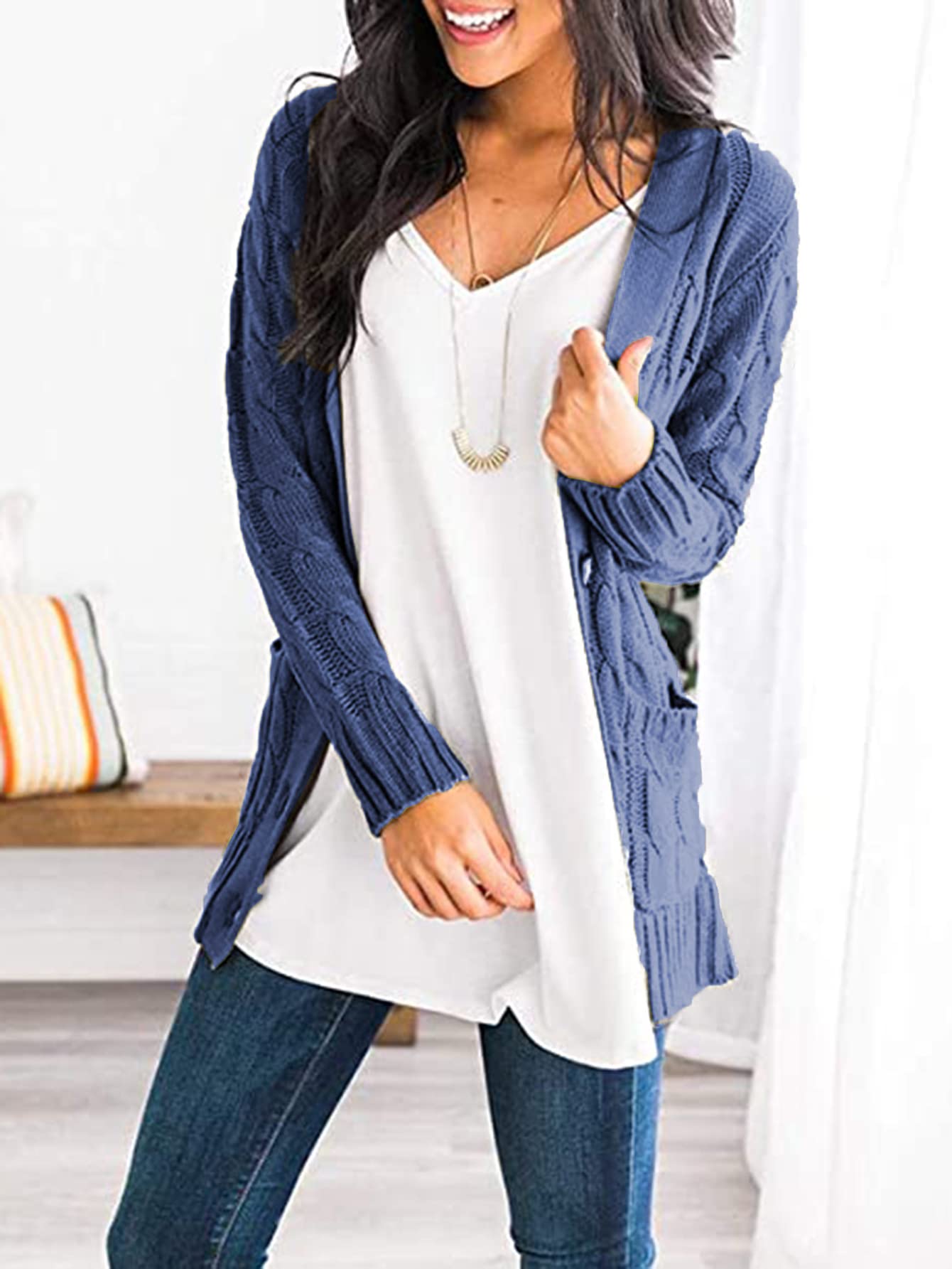 Foto 5 pulgar | Jersey Tipo Cárdigan Prettygarden Para Mujer, Tejido Trenzado, Azul Y Gris - Venta Internacional.