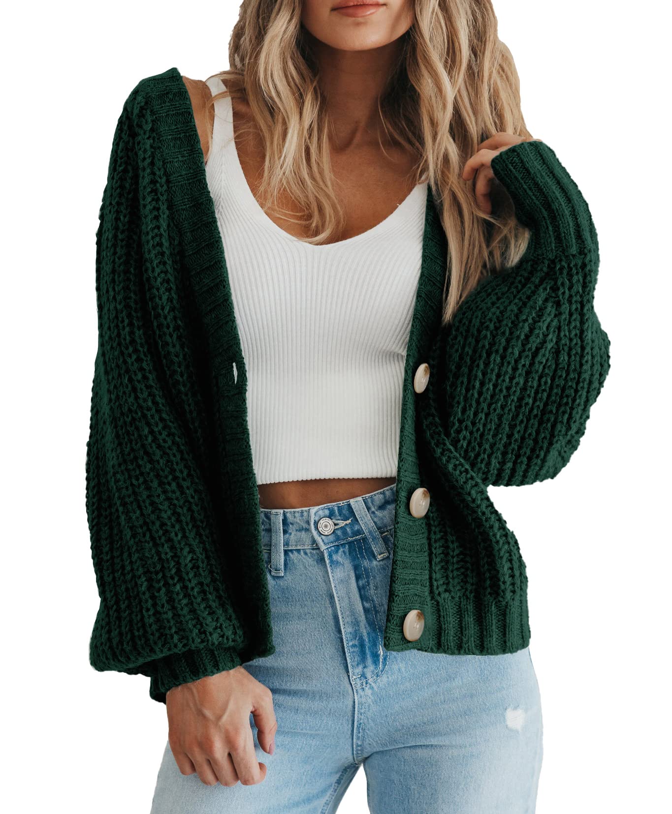 Foto 2 pulgar | Cárdigan Prettygarden Para Mujer, Cuello En V, Punto Con Botones, Verde Oscuro - Venta Internacional.