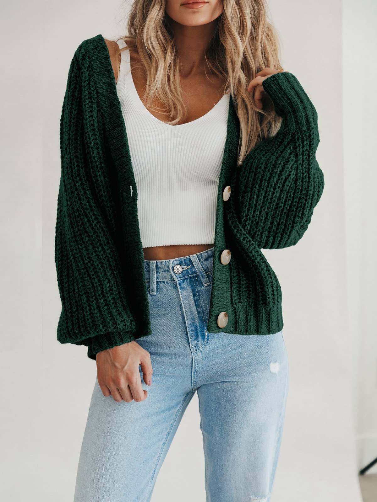 Foto 4 | Cárdigan Prettygarden Para Mujer, Cuello En V, Punto Con Botones, Verde Oscuro - Venta Internacional.