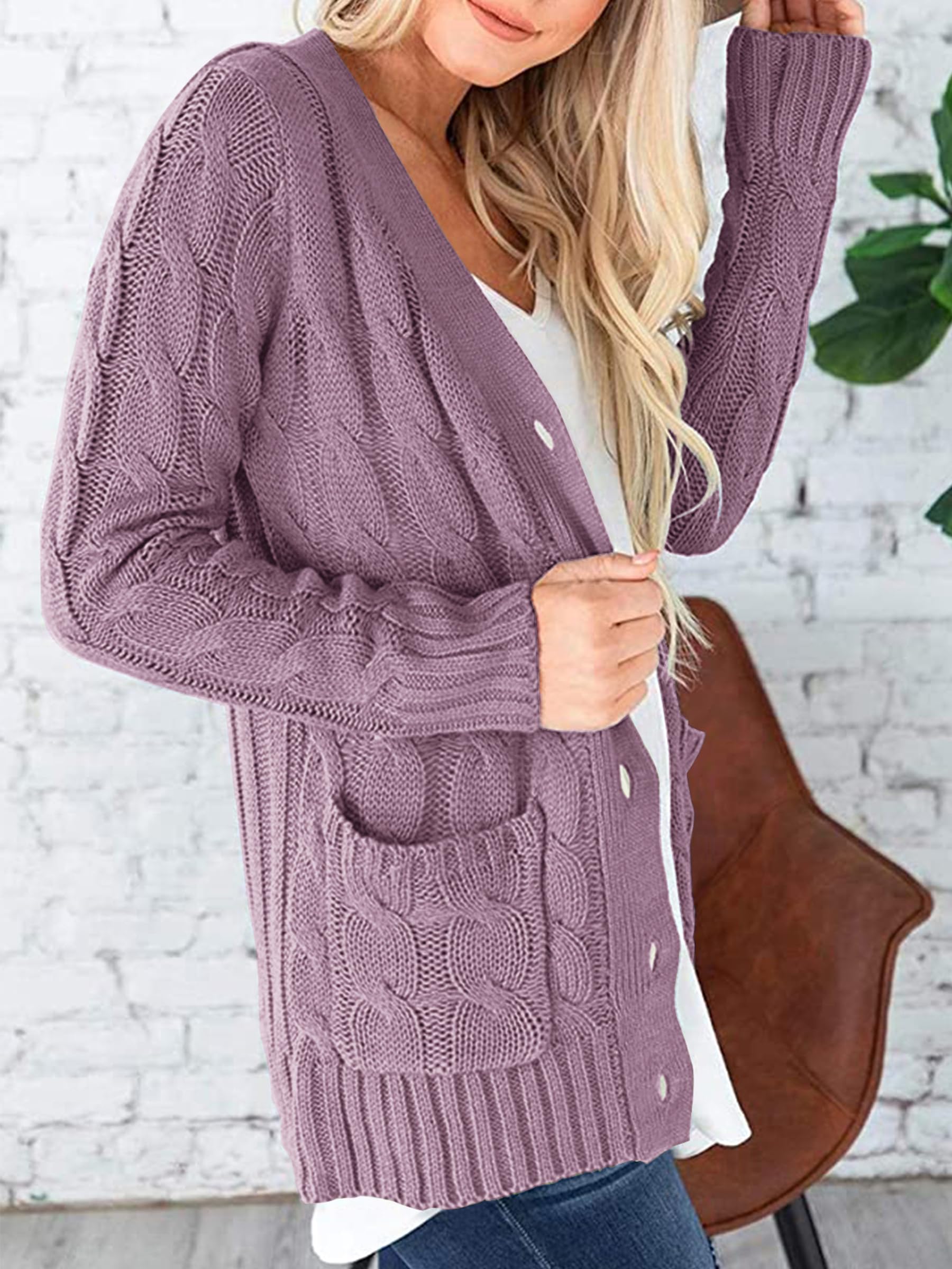 Foto 4 pulgar | Jersey Tipo Cárdigan Prettygarden Para Mujer, Tejido Trenzado, Color Morado, Talla M - Venta Internacional.
