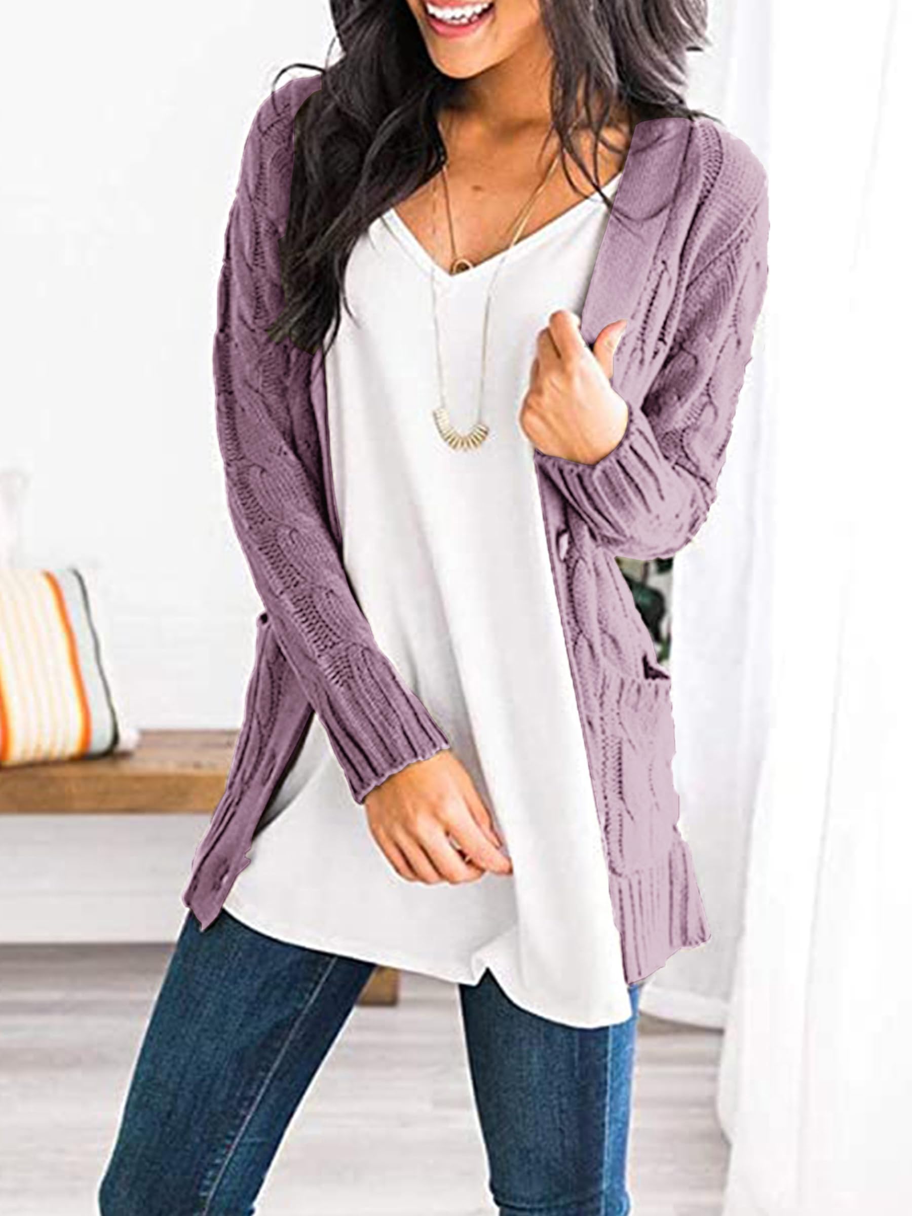Foto 5 pulgar | Jersey Tipo Cárdigan Prettygarden Para Mujer, Tejido Trenzado, Color Morado, Talla M - Venta Internacional.