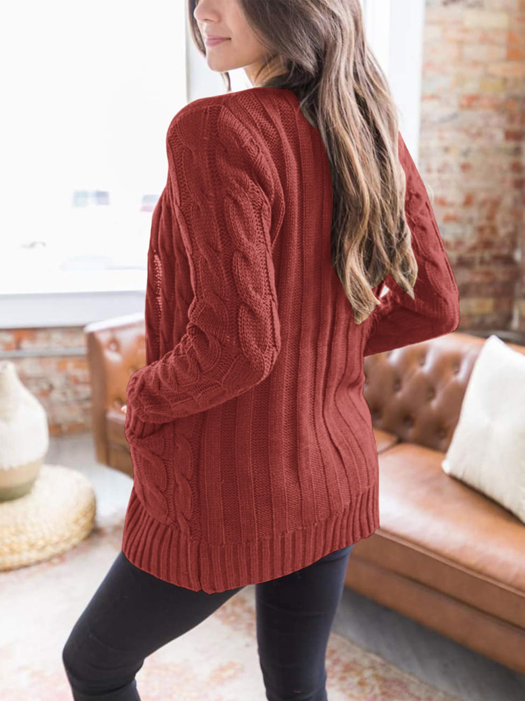Foto 4 | Jersey Tipo Cárdigan Prettygarden Para Mujer, Tejido Trenzado, Rojo (m) - Venta Internacional.