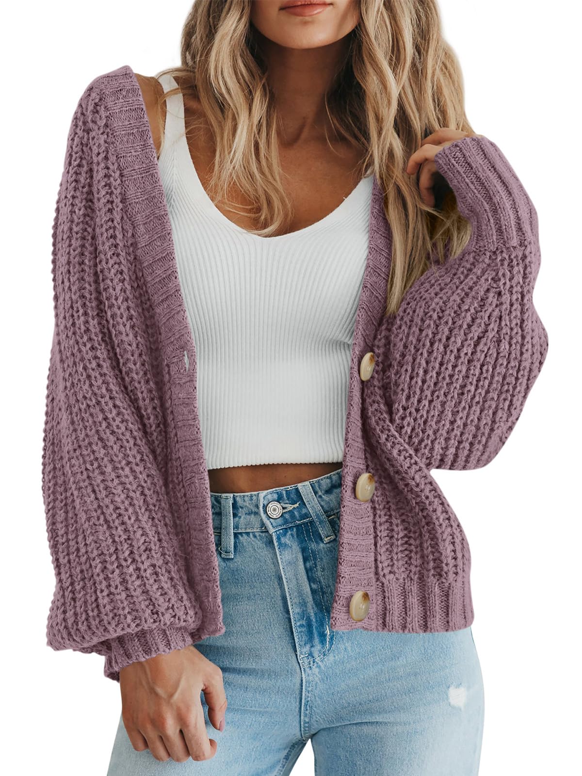 Jersey Tipo Cárdigan Prettygarden De Punto Grueso Para Mujer Orchid Mist - Venta Internacional.