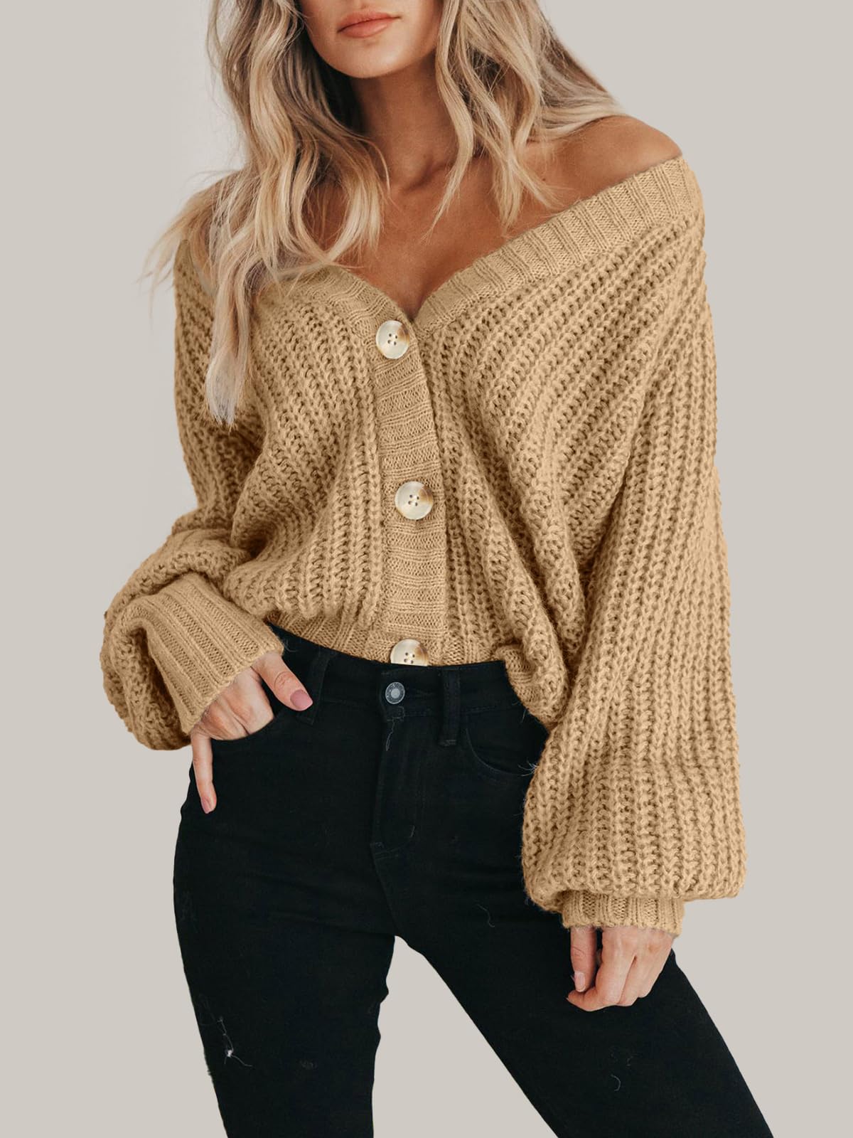 Foto 6 | Cárdigan Prettygarden Casual De Color Liso Para Mujer, Otoño 2024, Caqui - Venta Internacional.