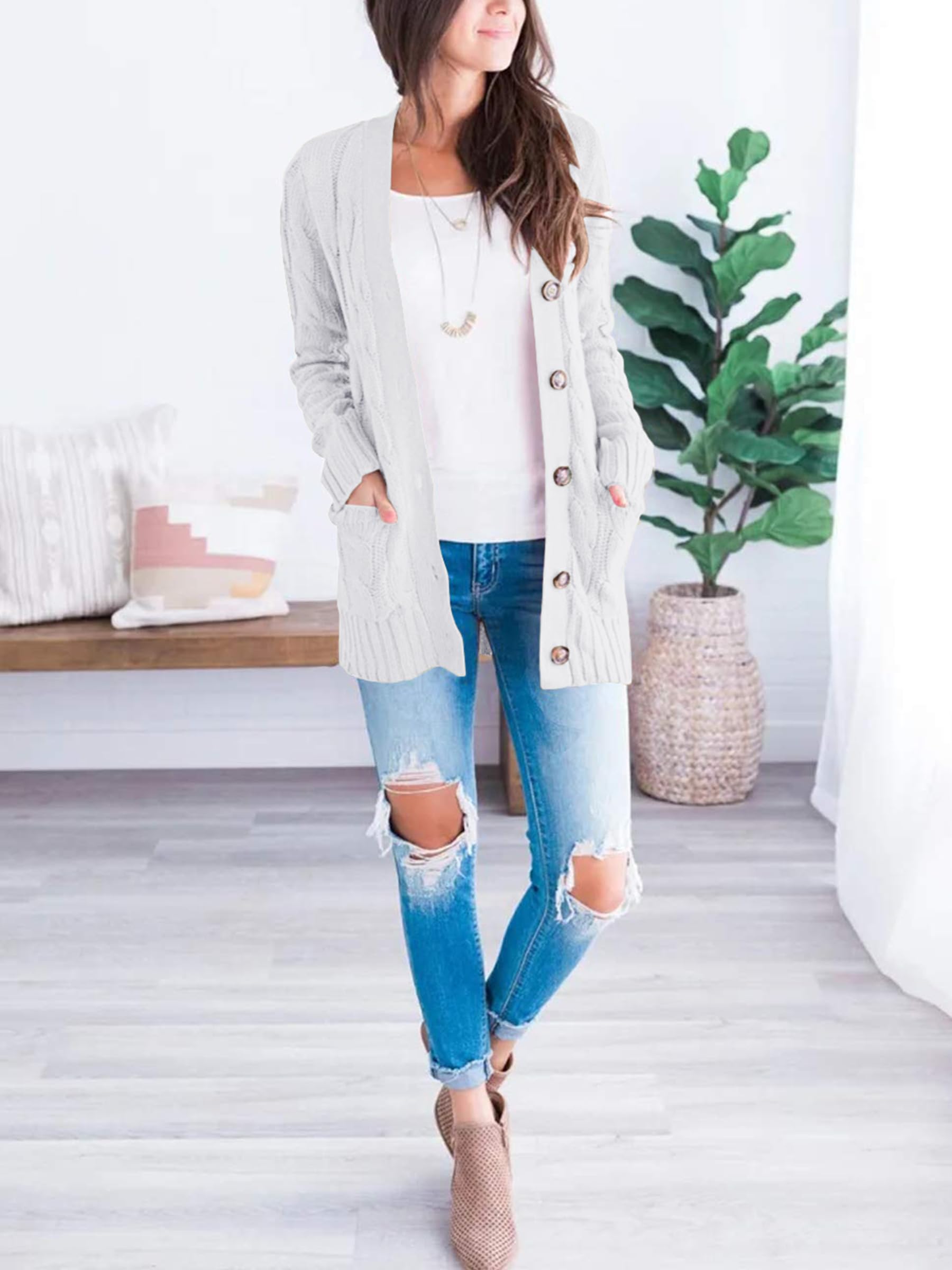 Foto 4 | Jersey Tipo Cárdigan Prettygarden Para Mujer, Tejido Trenzado, Color Blanco S - Venta Internacional.
