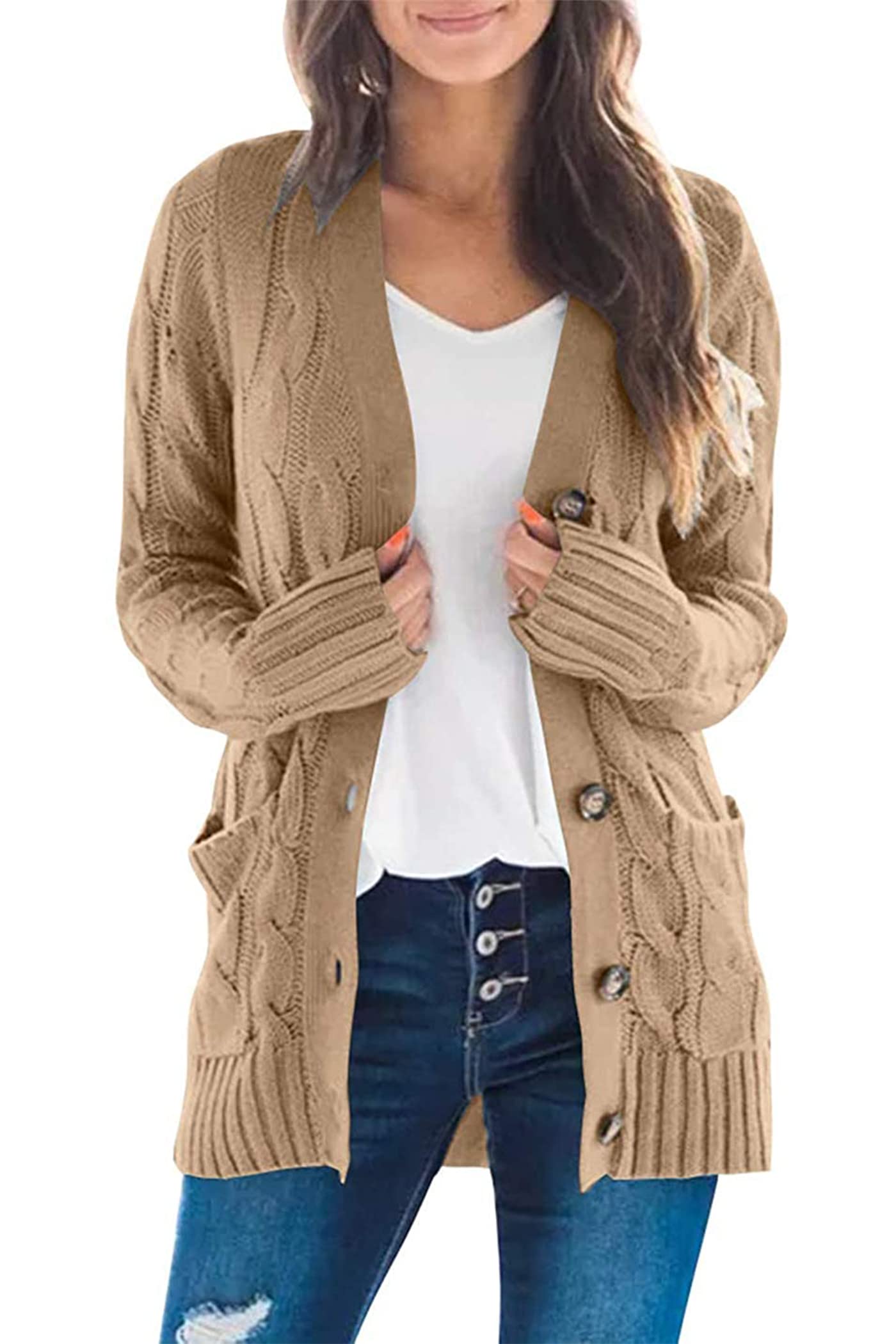 Jersey Tipo Cárdigan Prettygarden De Punto Trenzado Para Mujer, Color Caqui - Venta Internacional.