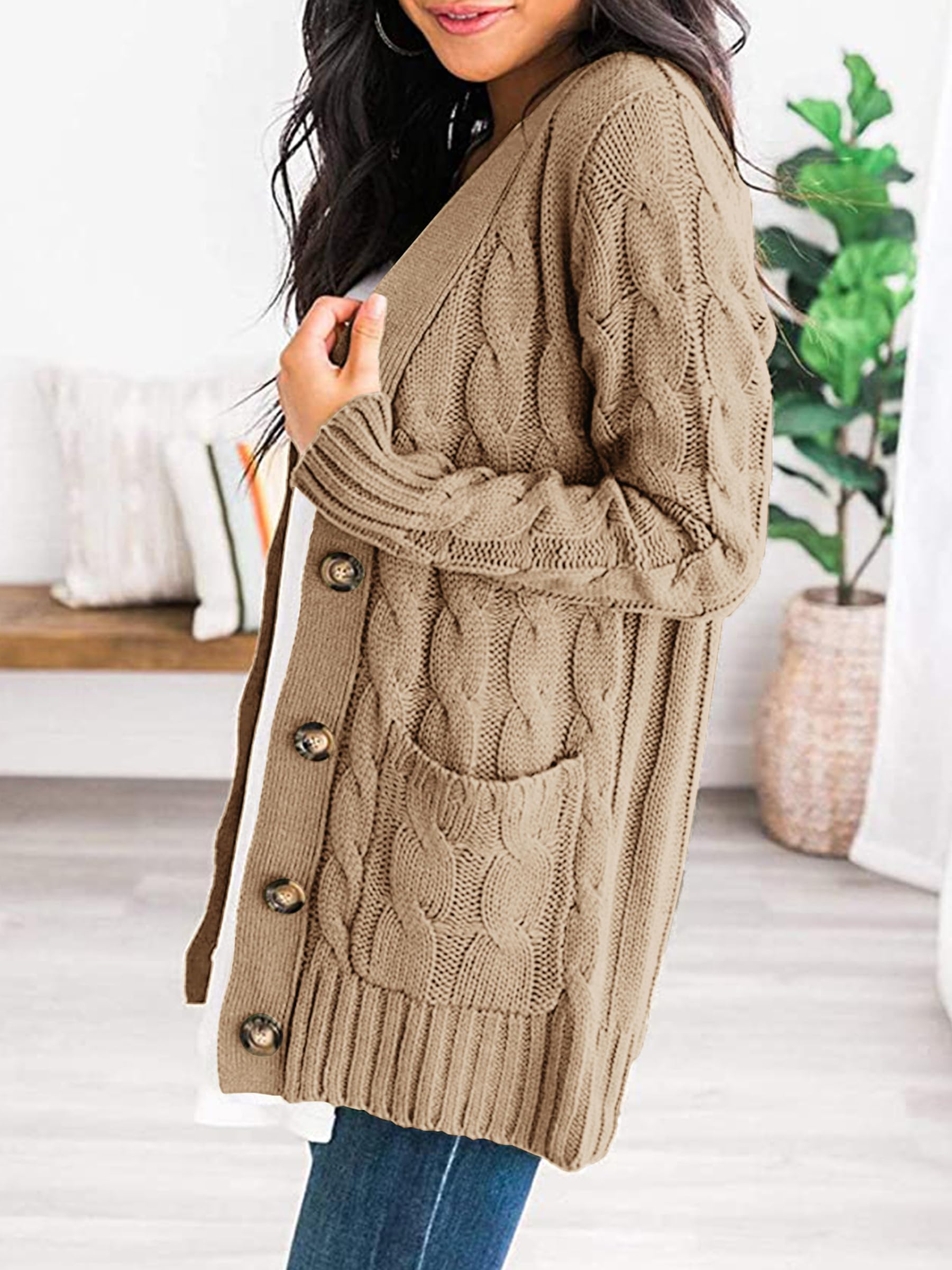Foto 2 | Jersey Tipo Cárdigan Prettygarden De Punto Trenzado Para Mujer, Color Caqui - Venta Internacional.