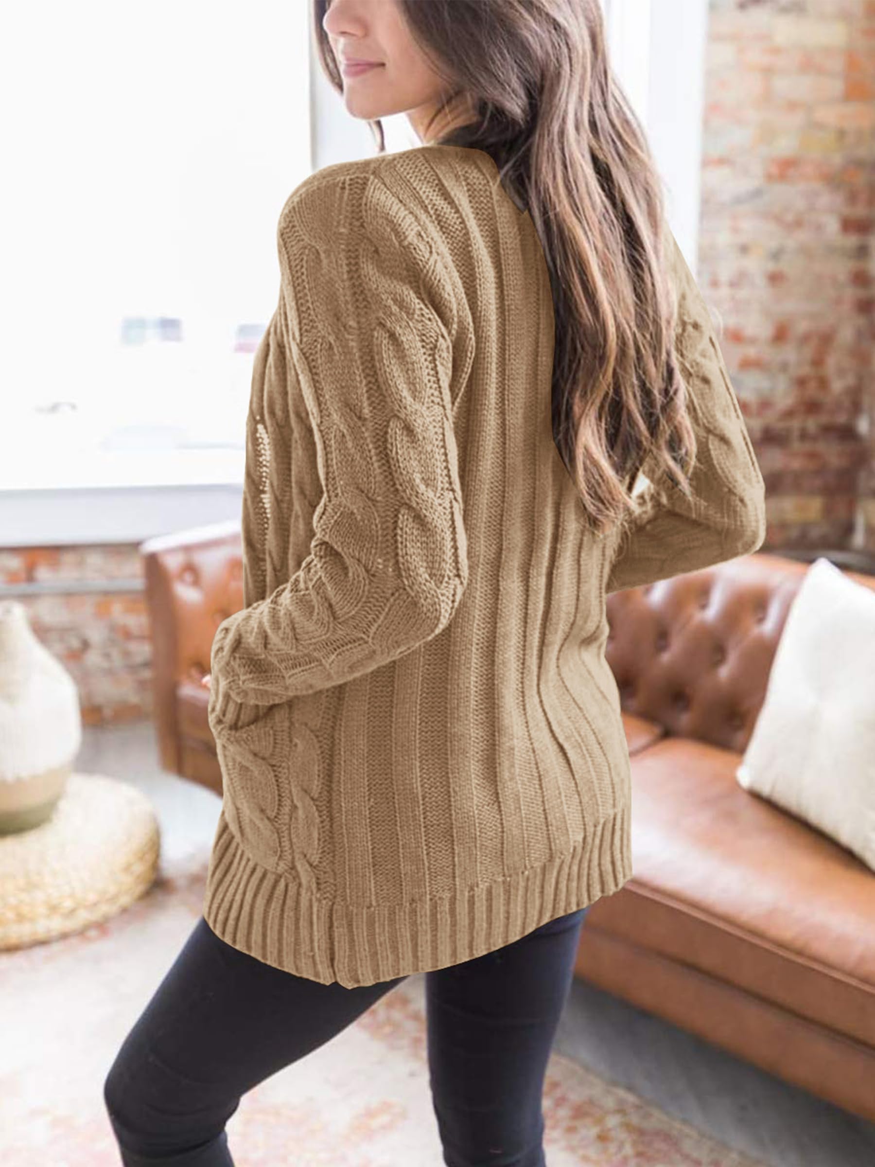 Foto 4 | Jersey Tipo Cárdigan Prettygarden De Punto Trenzado Para Mujer, Color Caqui - Venta Internacional.