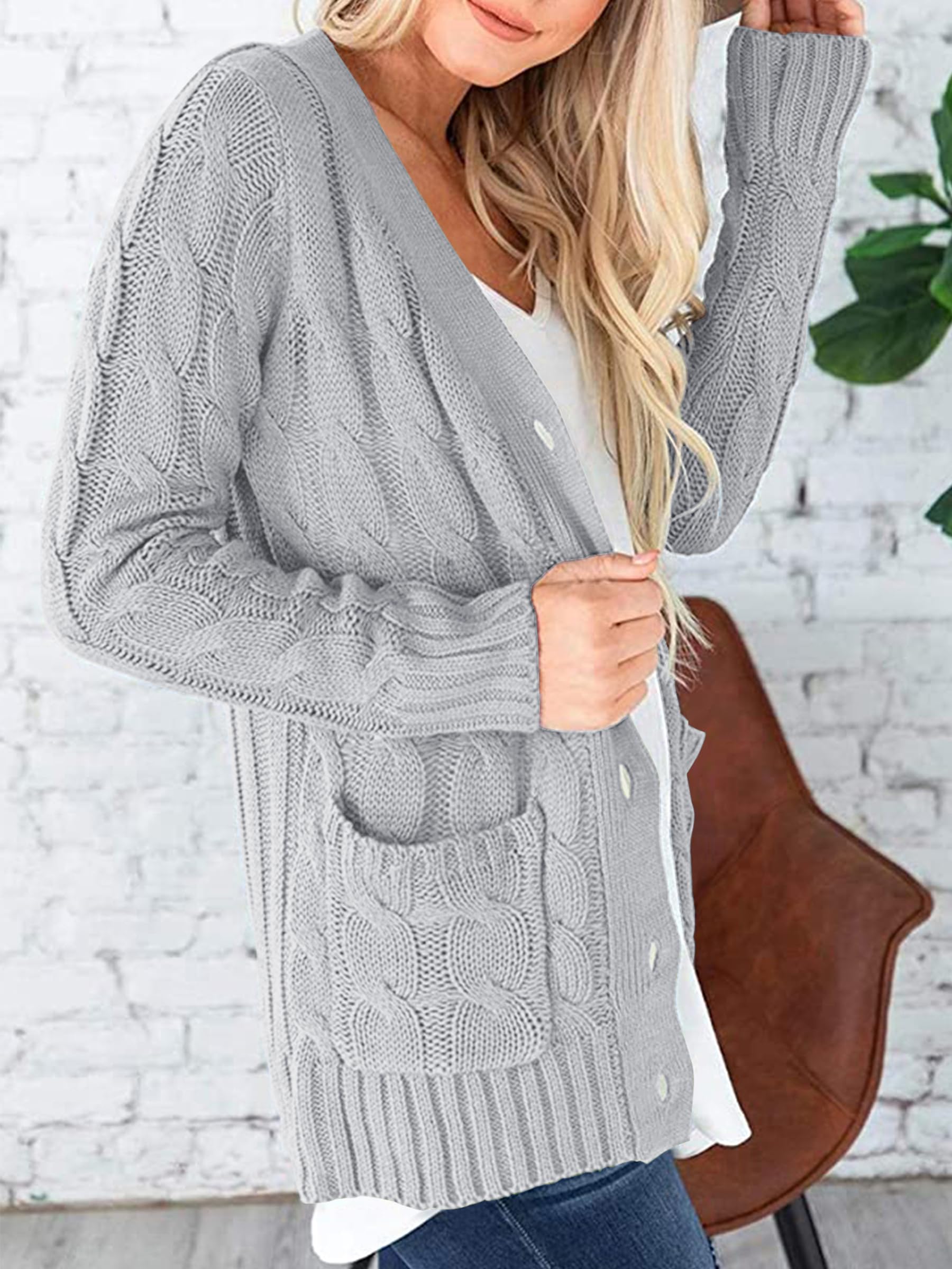 Foto 2 | Jersey Tipo Cárdigan Prettygarden Para Mujer, Tejido Trenzado, Gris (m) - Venta Internacional.
