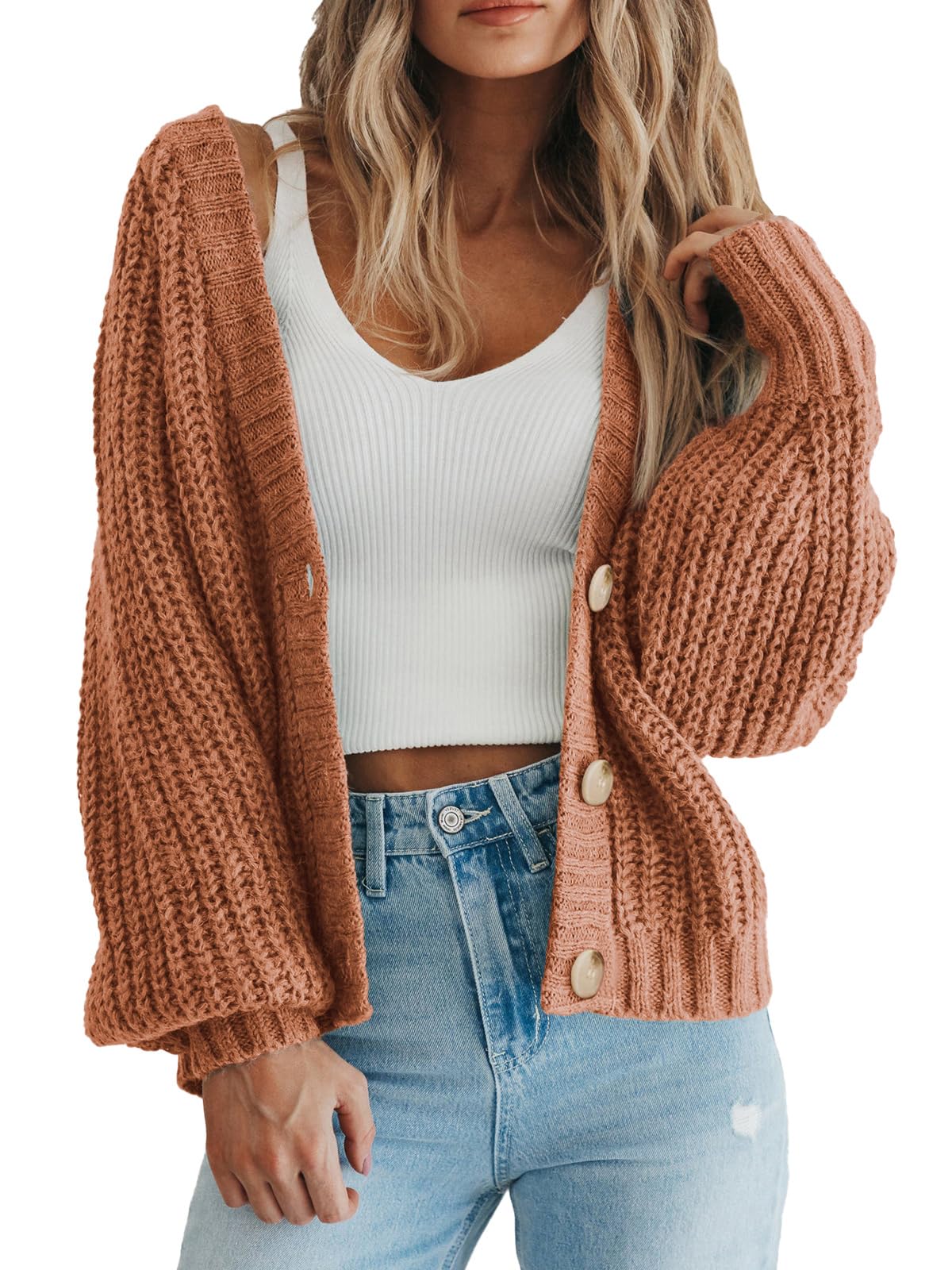 Foto 2 pulgar | Cárdigan Prettygarden Para Mujer, De Punto Grueso, Con Botones, Naranja Claro - Venta Internacional.