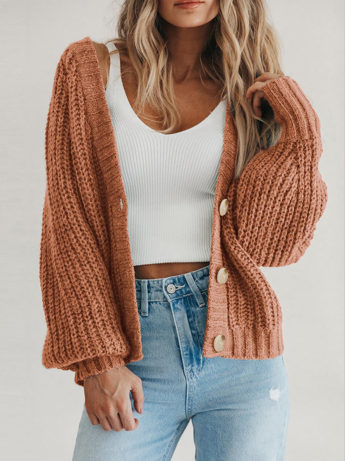 Foto 6 | Cárdigan Prettygarden Para Mujer, De Punto Grueso, Con Botones, Naranja Claro - Venta Internacional.