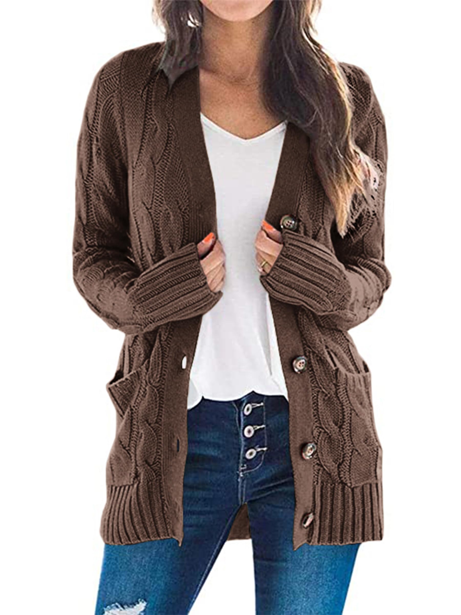Jersey Tipo Cárdigan Prettygarden Para Mujer Con La Parte Delantera Abierta, Color Café, Tamaño Mediano - Venta