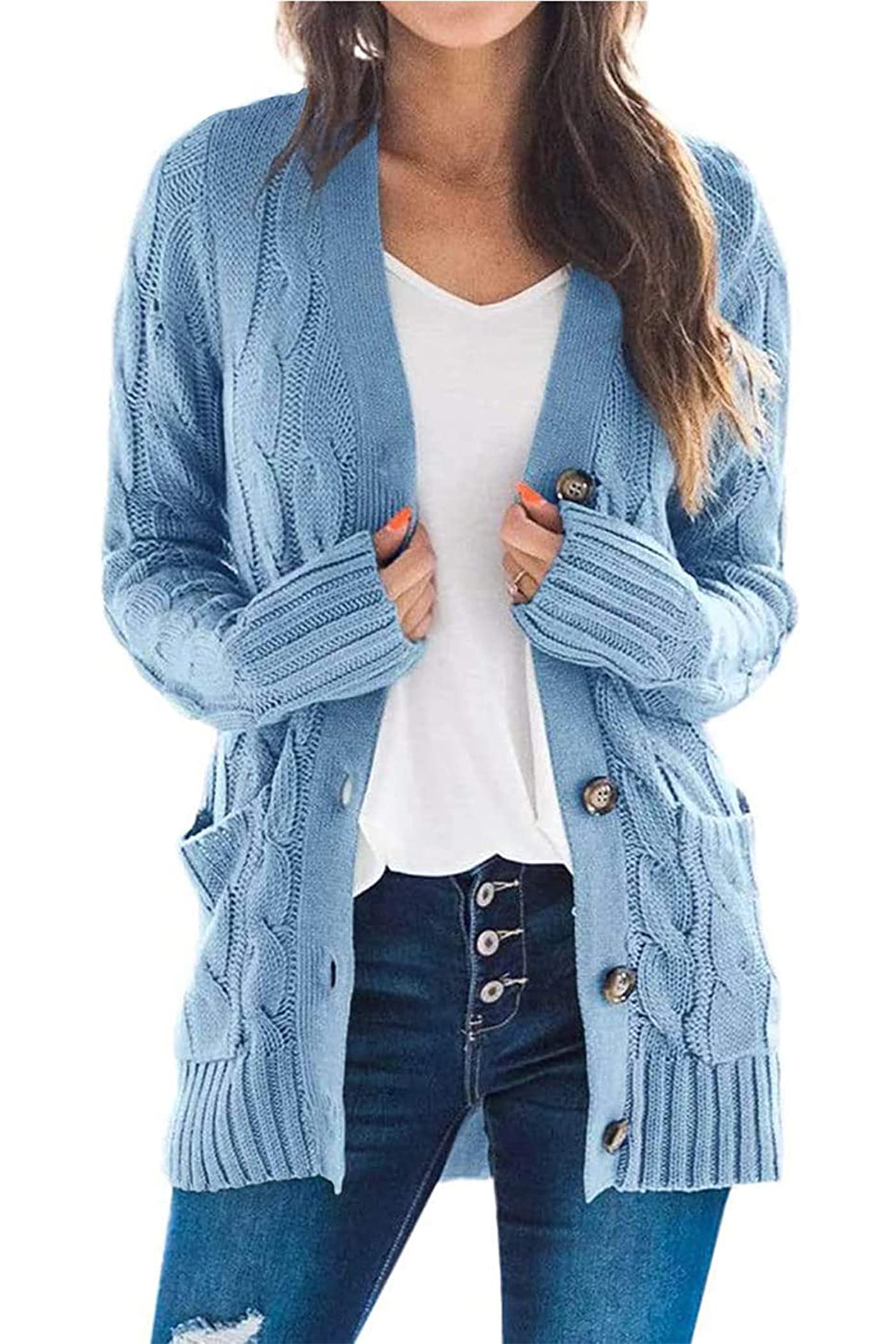 Foto 2 pulgar | Jersey Tipo Cárdigan Prettygarden Para Mujer, Tejido Trenzado, Azul, Talla L - Venta Internacional.