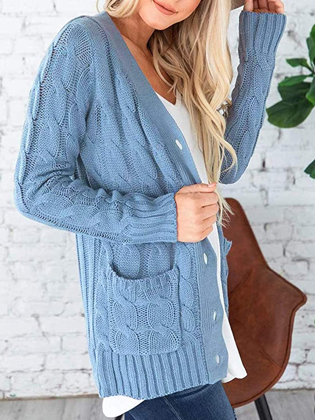 Foto 2 | Jersey Tipo Cárdigan Prettygarden Para Mujer, Tejido Trenzado, Azul, Talla L - Venta Internacional.