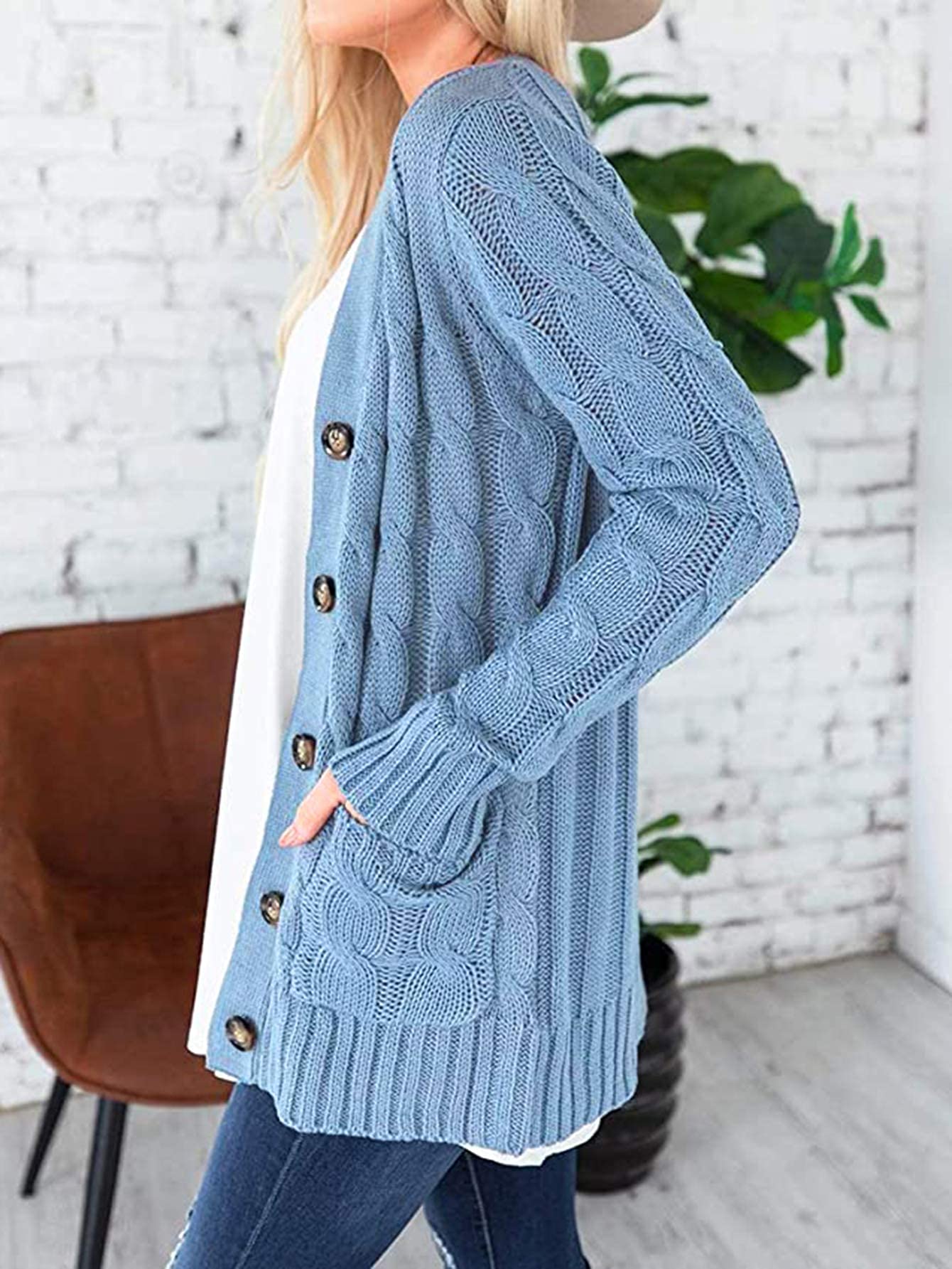 Foto 4 pulgar | Jersey Tipo Cárdigan Prettygarden Para Mujer, Tejido Trenzado, Azul, Talla L - Venta Internacional.