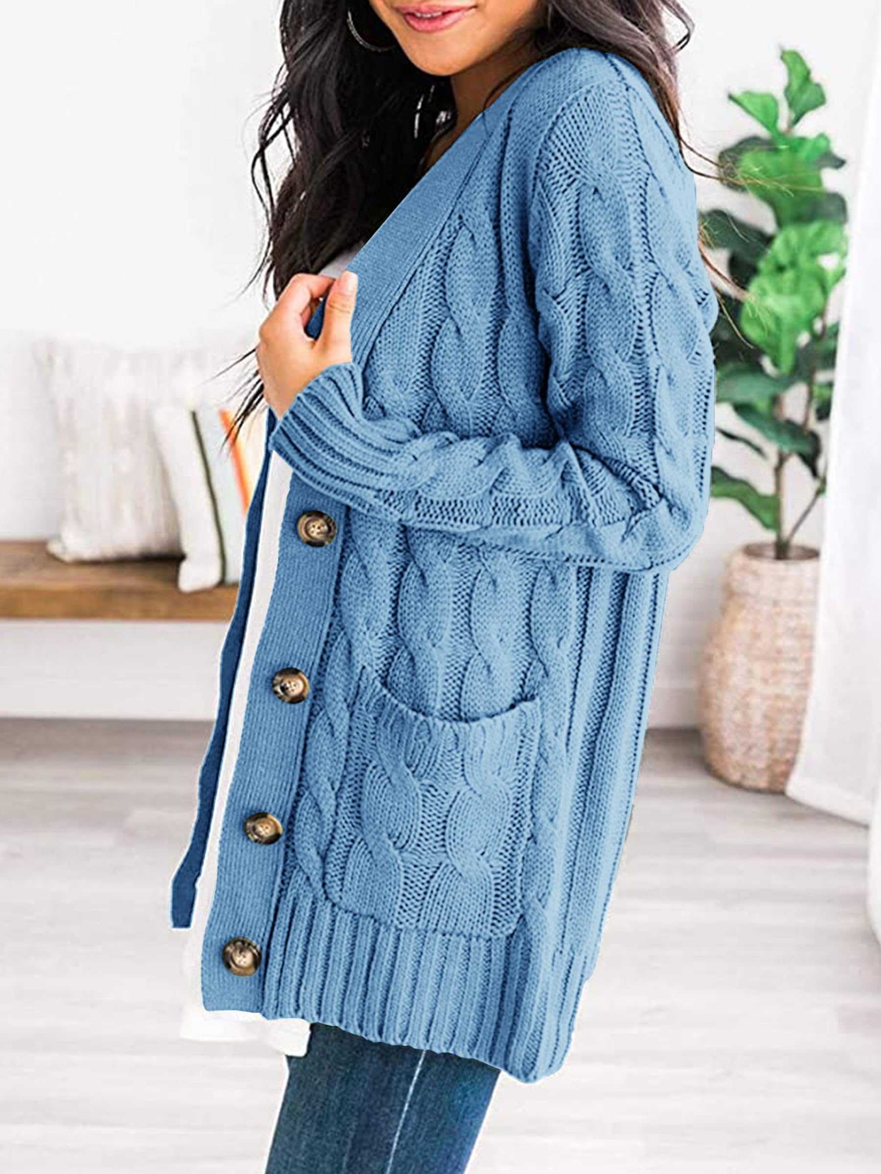 Foto 6 pulgar | Jersey Tipo Cárdigan Prettygarden Para Mujer, Tejido Trenzado, Azul, Talla L - Venta Internacional.