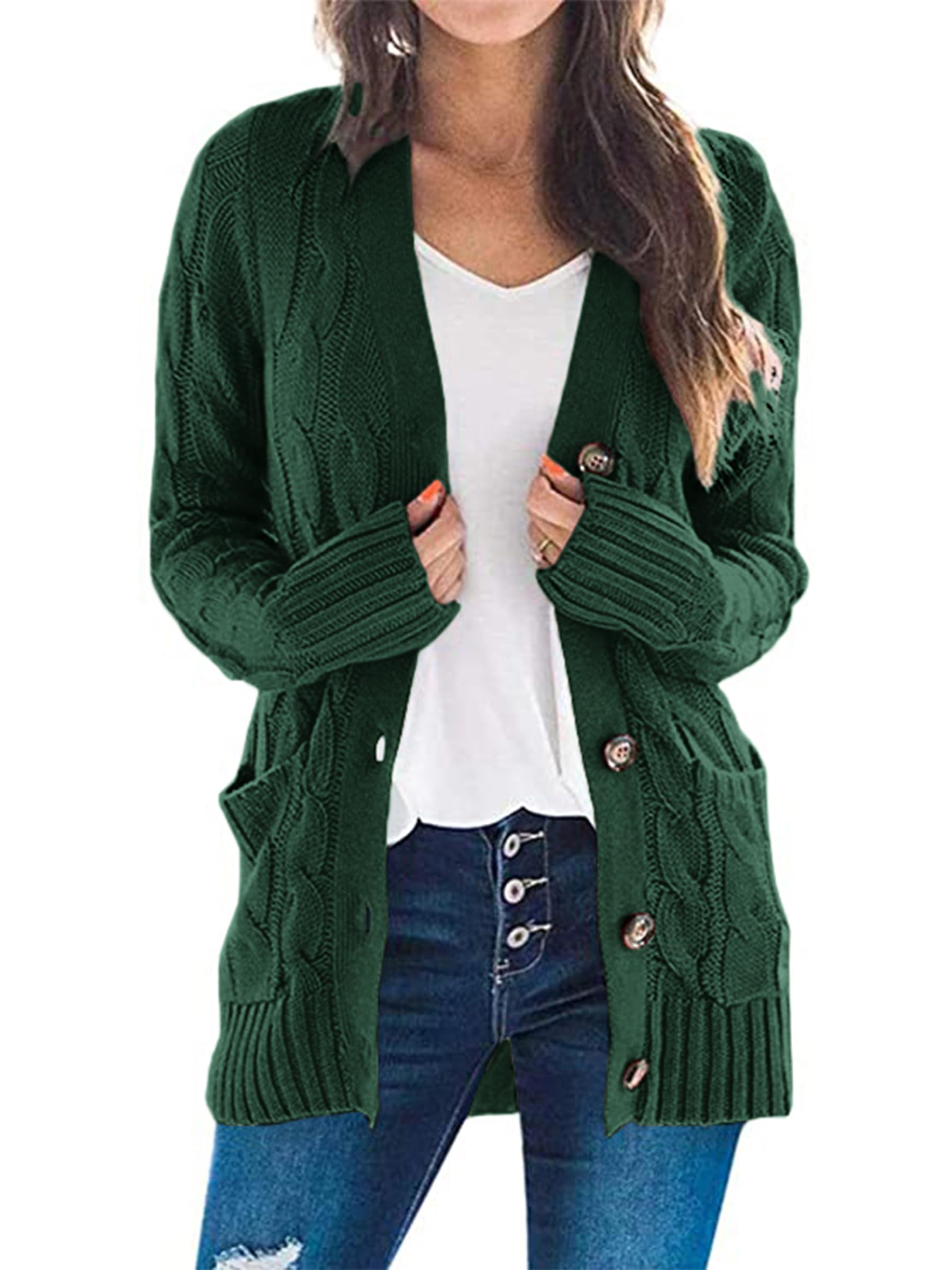 Foto 2 pulgar | Jersey Tipo Cárdigan Prettygarden Para Mujer, Tejido Trenzado, Verde Oscuro - Venta Internacional.