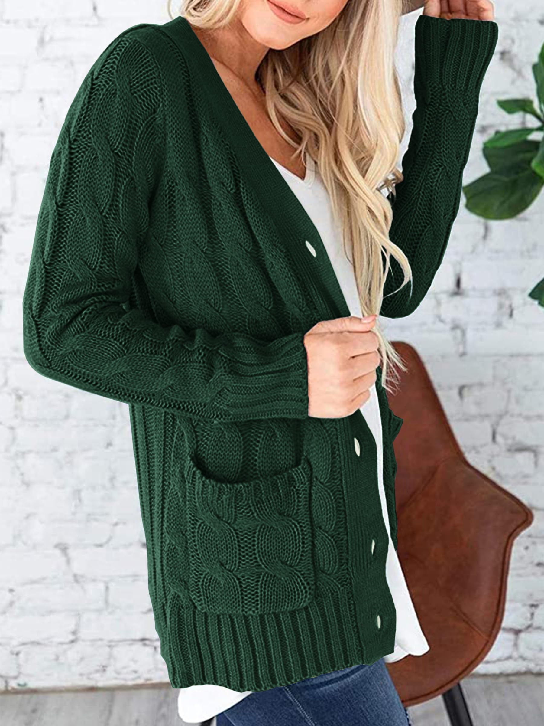 Foto 4 pulgar | Jersey Tipo Cárdigan Prettygarden Para Mujer, Tejido Trenzado, Verde Oscuro - Venta Internacional.