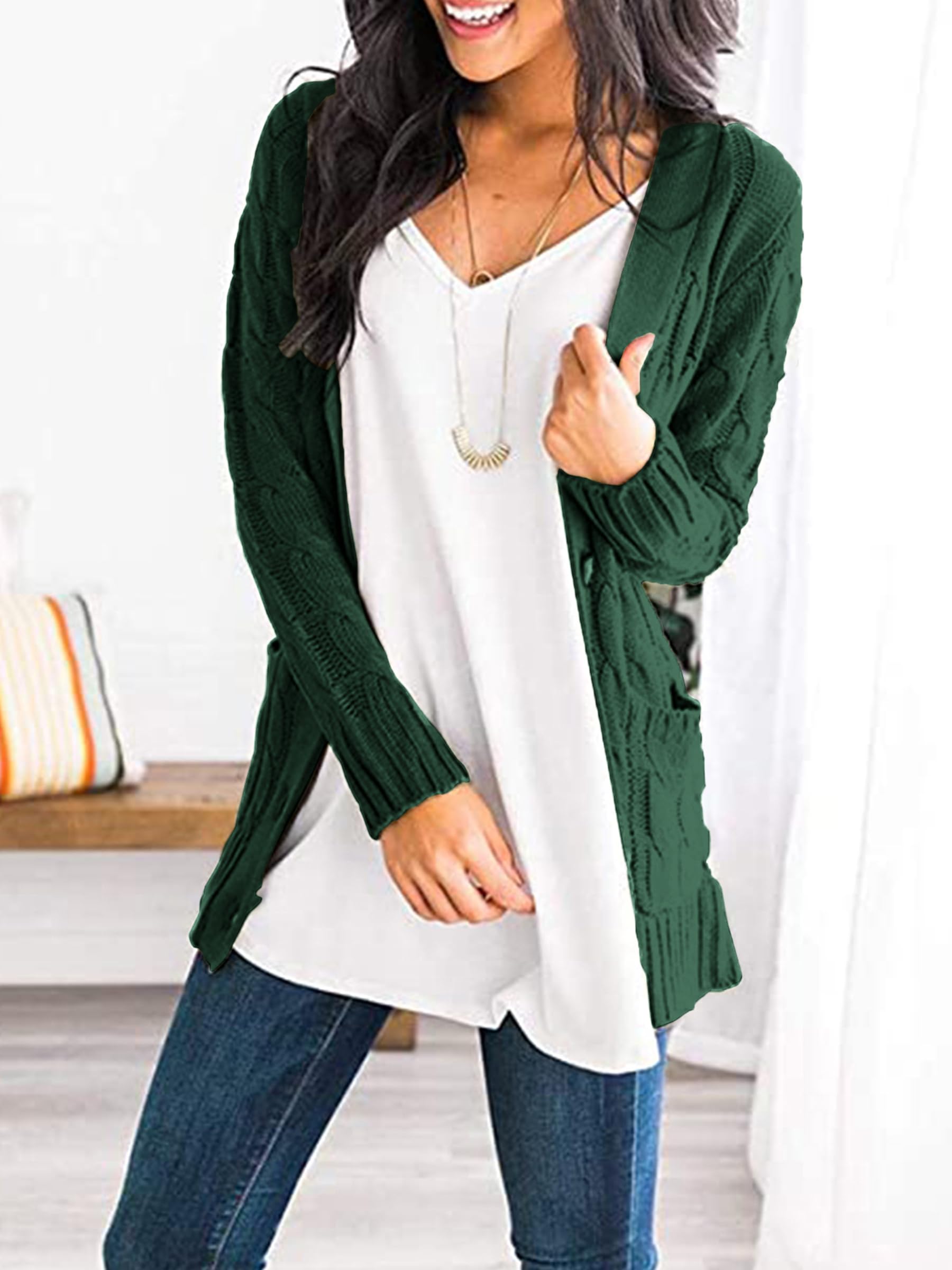 Foto 4 | Jersey Tipo Cárdigan Prettygarden Para Mujer, Tejido Trenzado, Verde Oscuro - Venta Internacional.