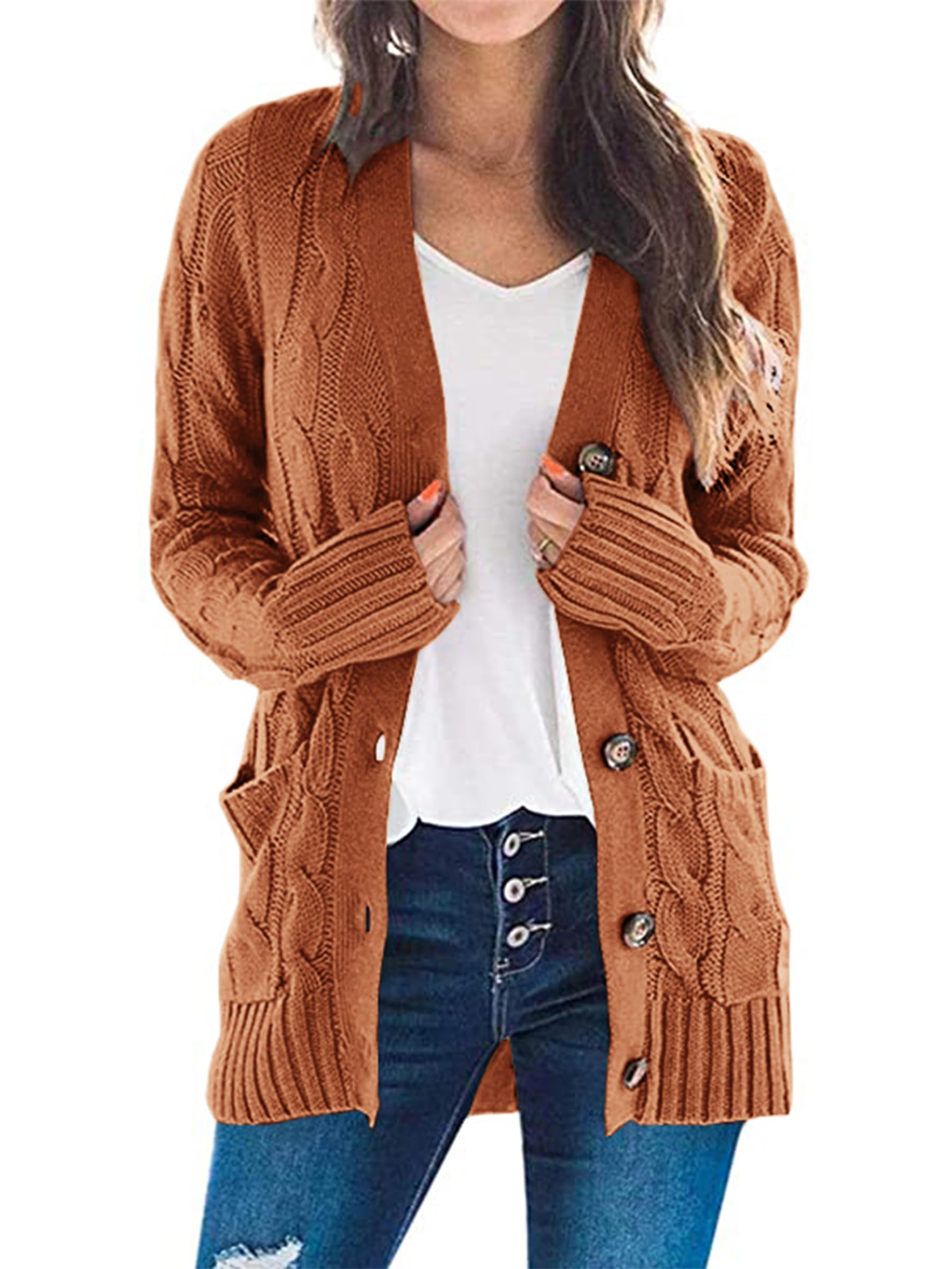 Foto 1 | Jersey Tipo Cárdigan Prettygarden Para Mujer, Tejido Trenzado, Marrón - Venta Internacional.