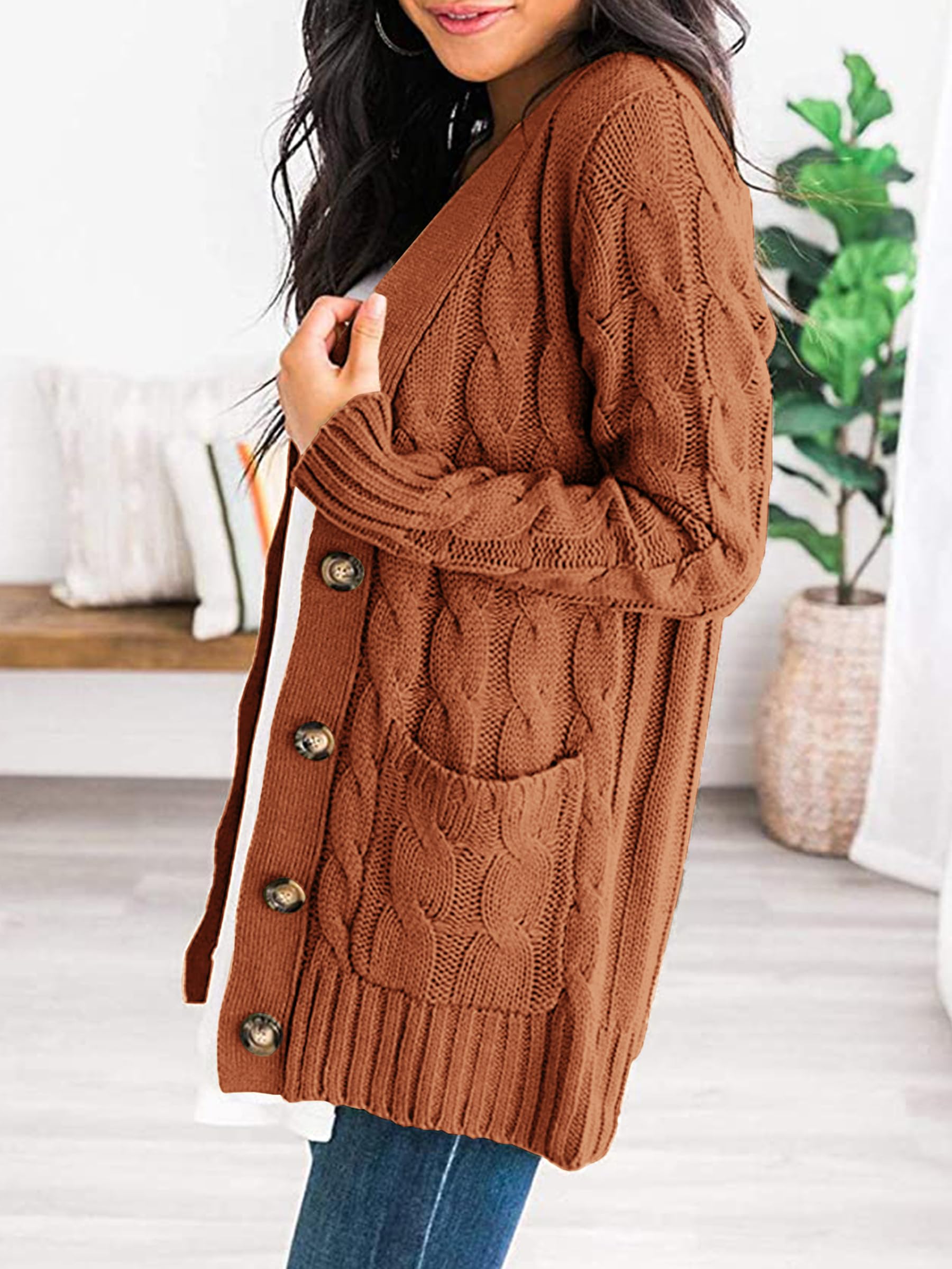 Foto 2 | Jersey Tipo Cárdigan Prettygarden Para Mujer, Tejido Trenzado, Marrón - Venta Internacional.
