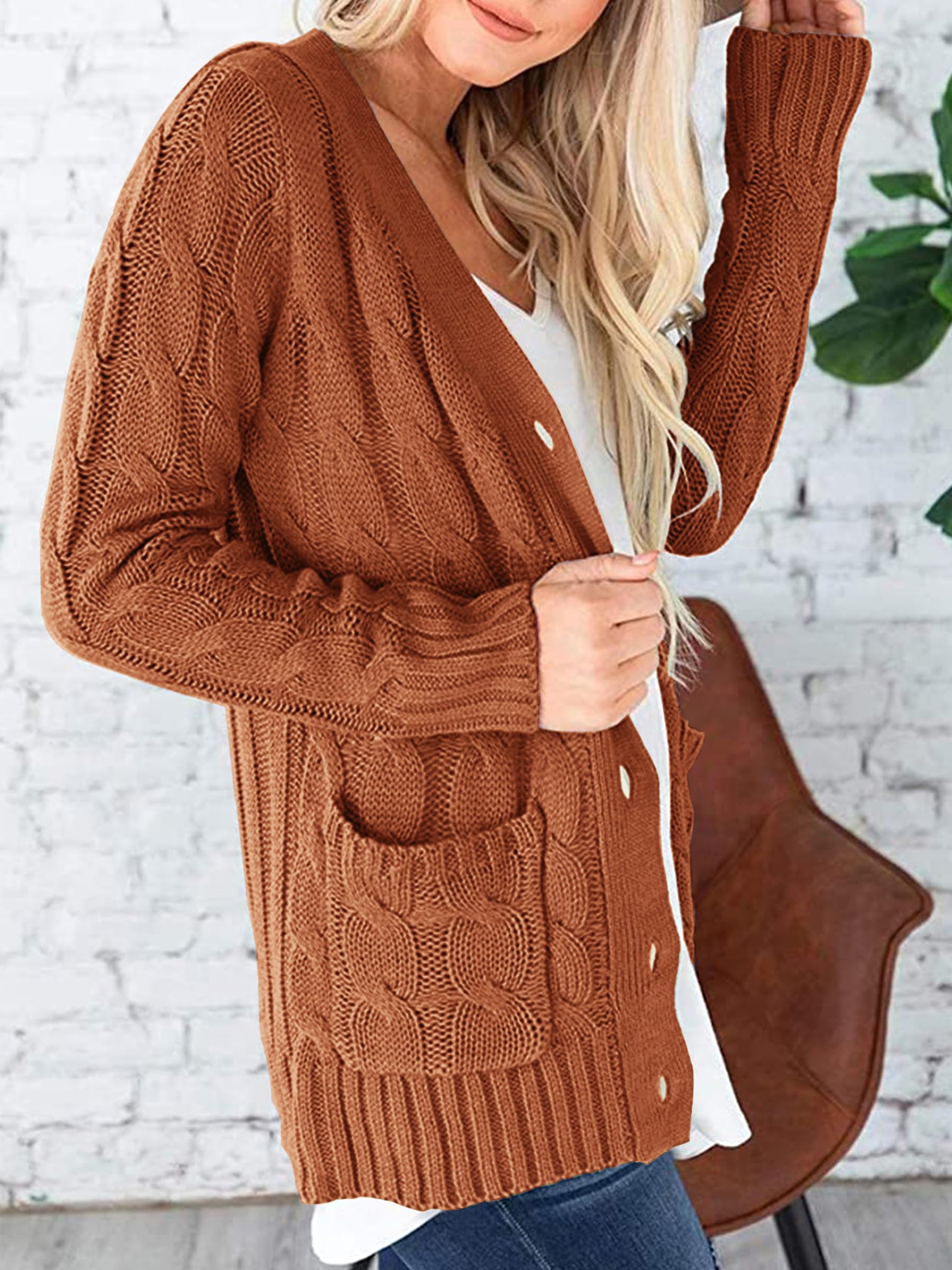 Foto 4 pulgar | Jersey Tipo Cárdigan Prettygarden Para Mujer, Tejido Trenzado, Marrón - Venta Internacional.