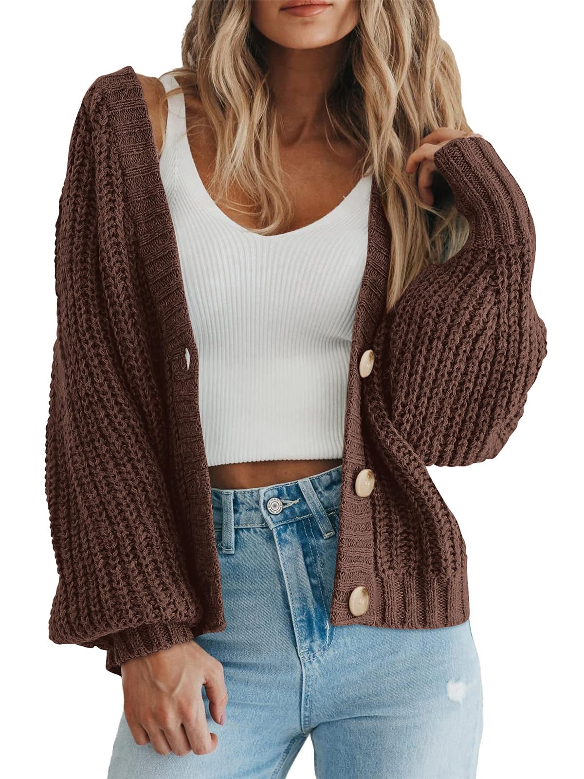 Cárdigan Prettygarden Para Mujer, Cuello En V, Punto Con Botones, Marrón (s) - Venta Internacional.