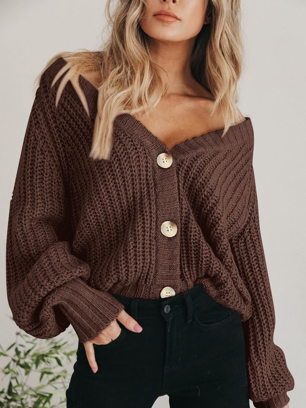 Foto 6 | Cárdigan Prettygarden Para Mujer, Cuello En V, Punto Con Botones, Marrón (s) - Venta Internacional.