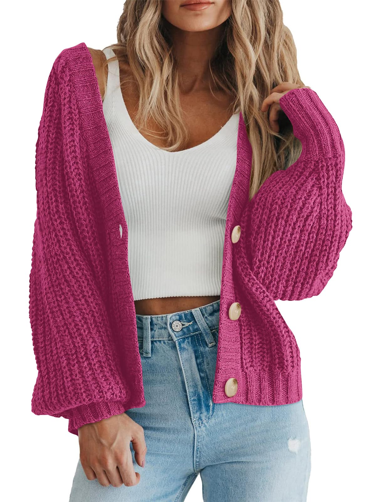 Foto 1 | Cárdigan Prettygarden Para Mujer, Cuello En V, Tejido Con Botones Holgados, Rojo - Venta Internacional.