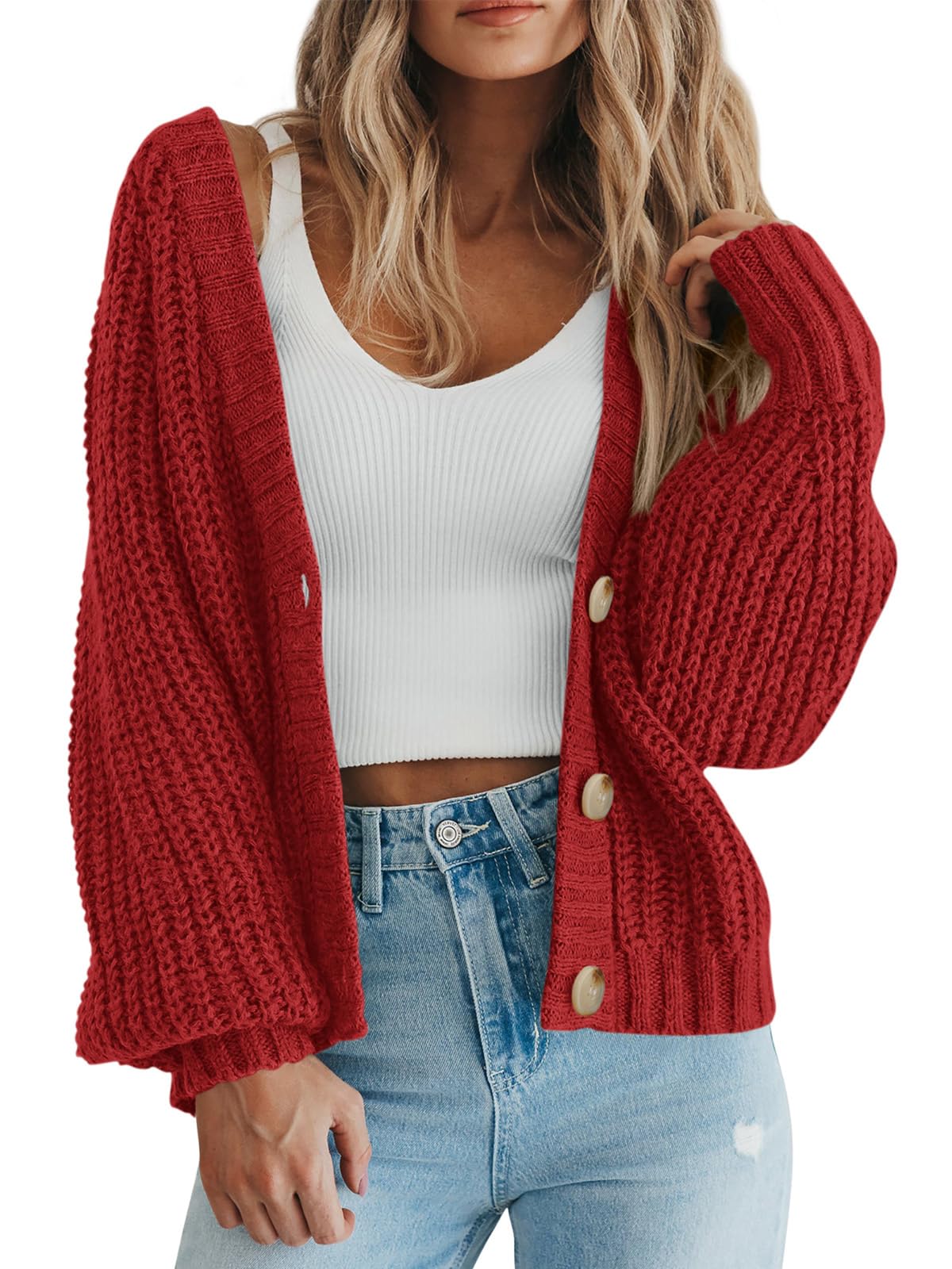 Foto 2 pulgar | Jersey Tipo Cárdigan Prettygarden De Punto Grueso Rojo Para Mujer - Venta Internacional.