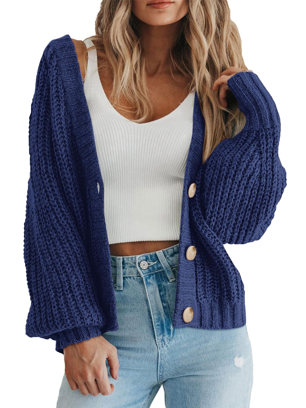 Foto 1 | Cárdigan Prettygarden Para Mujer, Cuello En V, Tejido Con Botones, Gris Y Azul - Venta Internacional.
