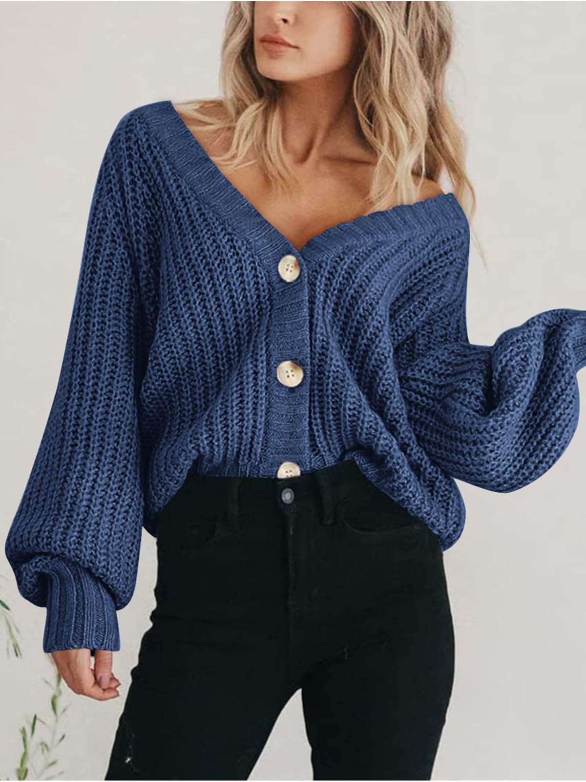 Foto 6 | Cárdigan Prettygarden Para Mujer, Cuello En V, Tejido Con Botones, Gris Y Azul - Venta Internacional.