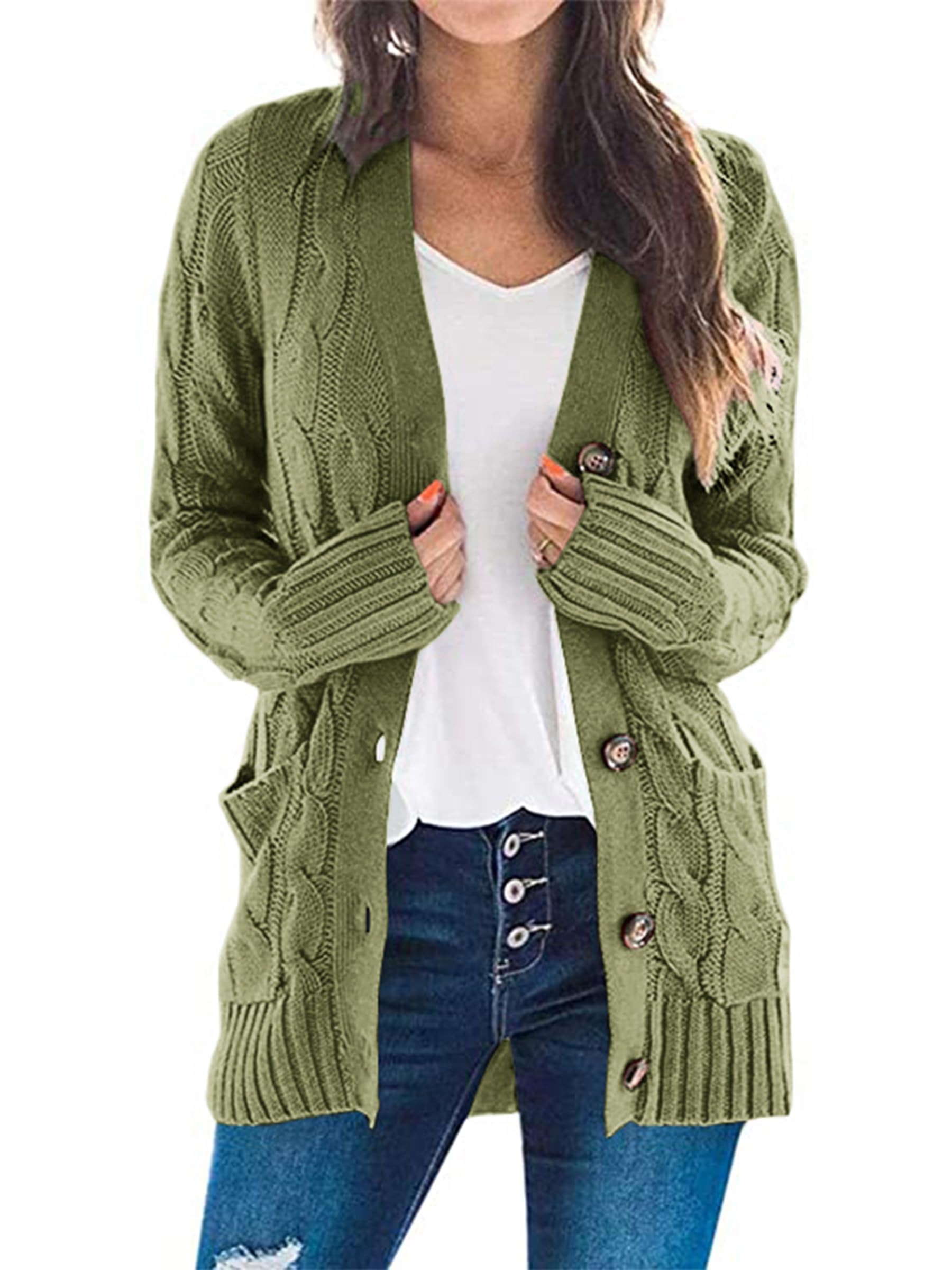 Jersey Tipo Cárdigan Prettygarden Para Mujer, Tejido Trenzado, Color Verde Militar - Venta Internacional.