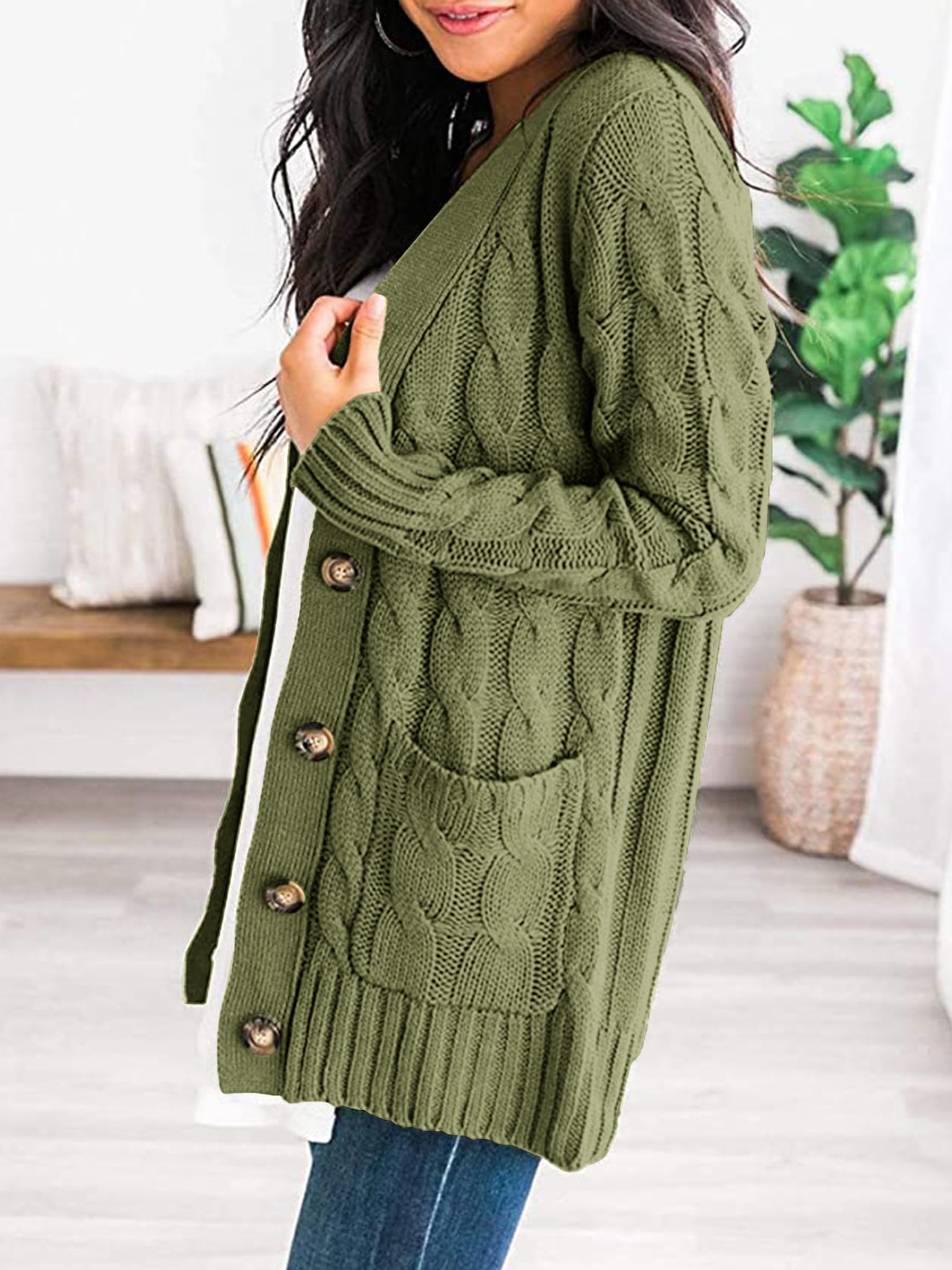 Foto 3 pulgar | Jersey Tipo Cárdigan Prettygarden Para Mujer, Tejido Trenzado, Color Verde Militar - Venta Internacional.
