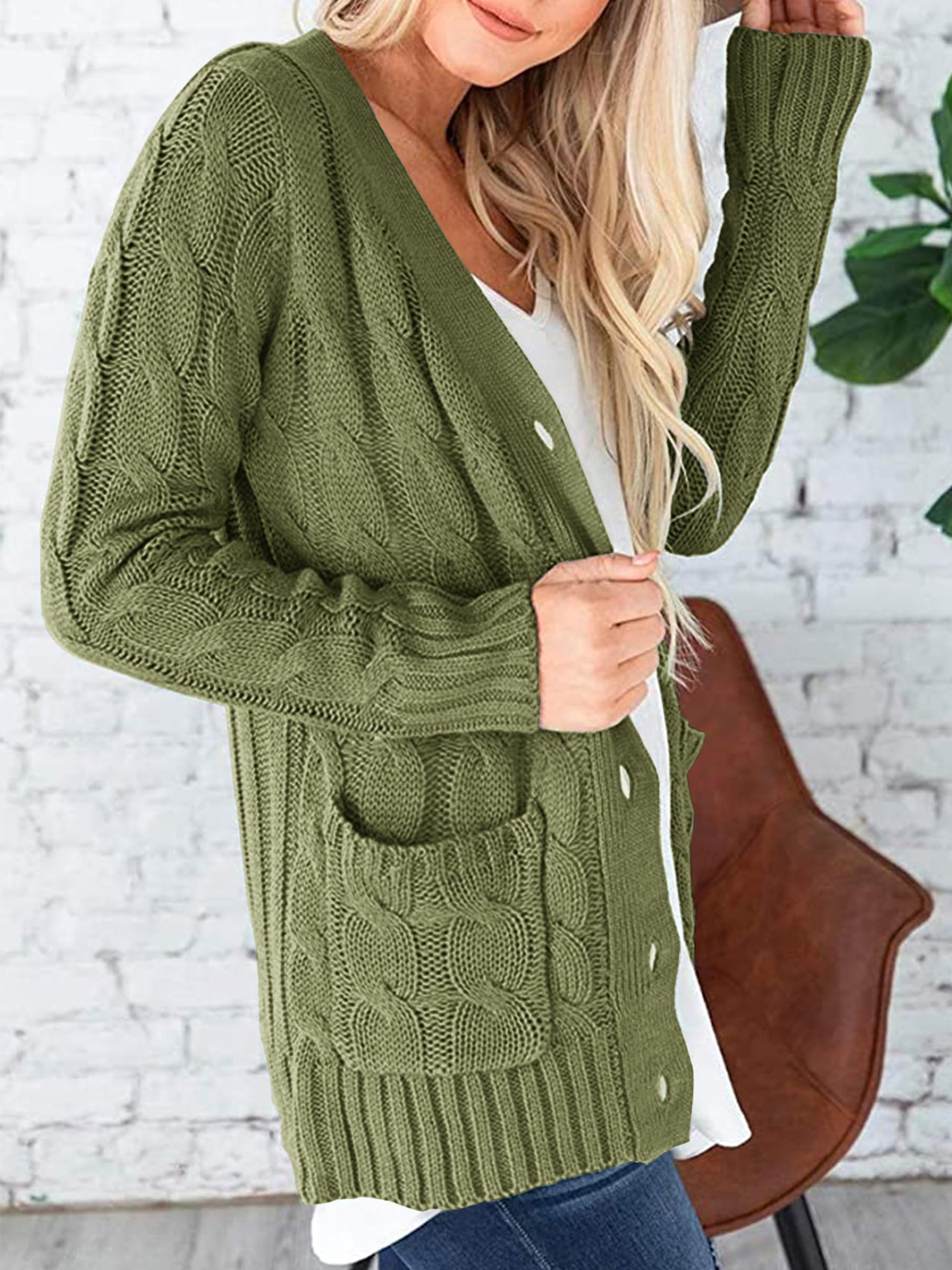 Foto 4 pulgar | Jersey Tipo Cárdigan Prettygarden Para Mujer, Tejido Trenzado, Color Verde Militar - Venta Internacional.