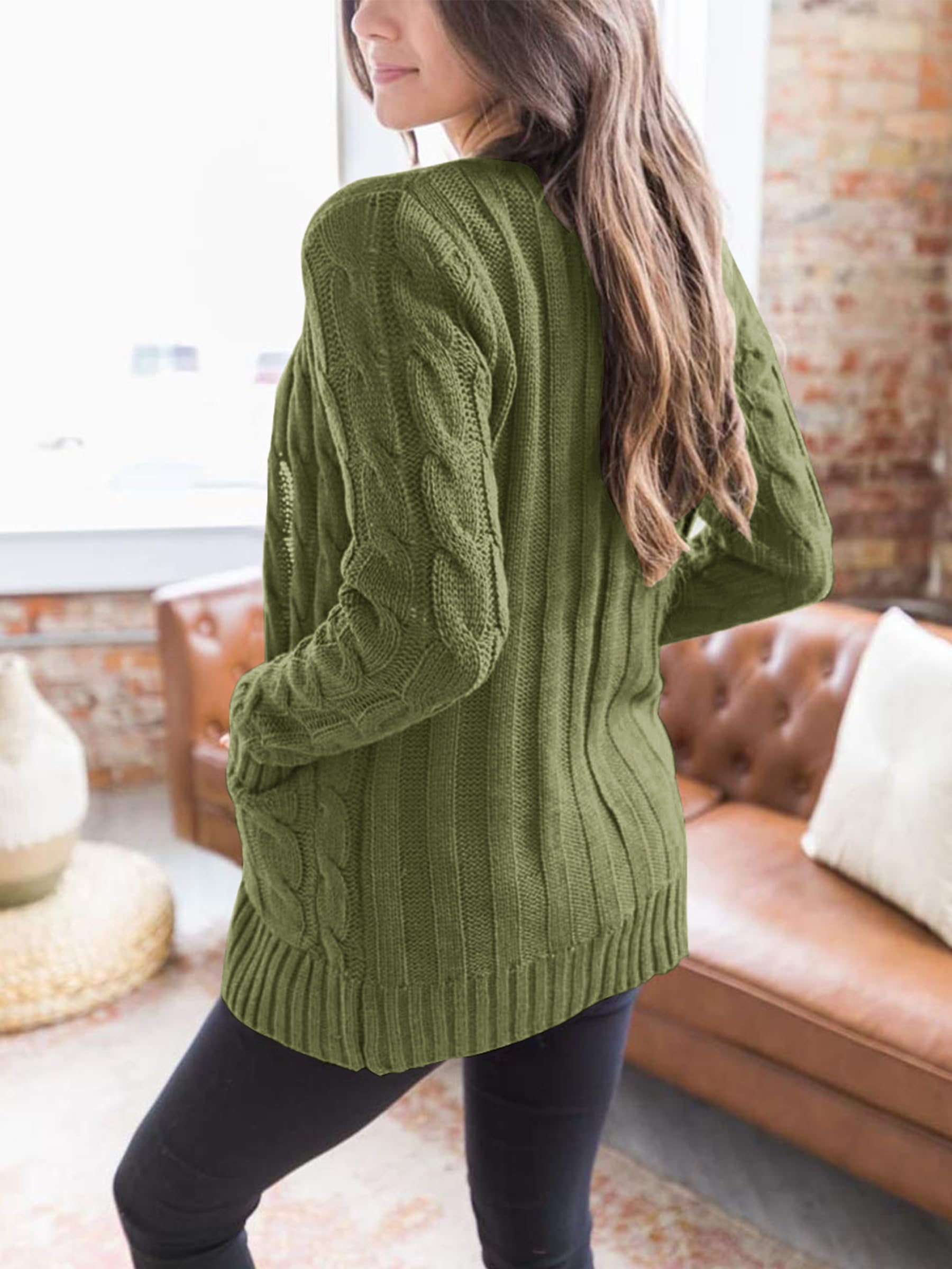 Foto 4 | Jersey Tipo Cárdigan Prettygarden Para Mujer, Tejido Trenzado, Color Verde Militar - Venta Internacional.