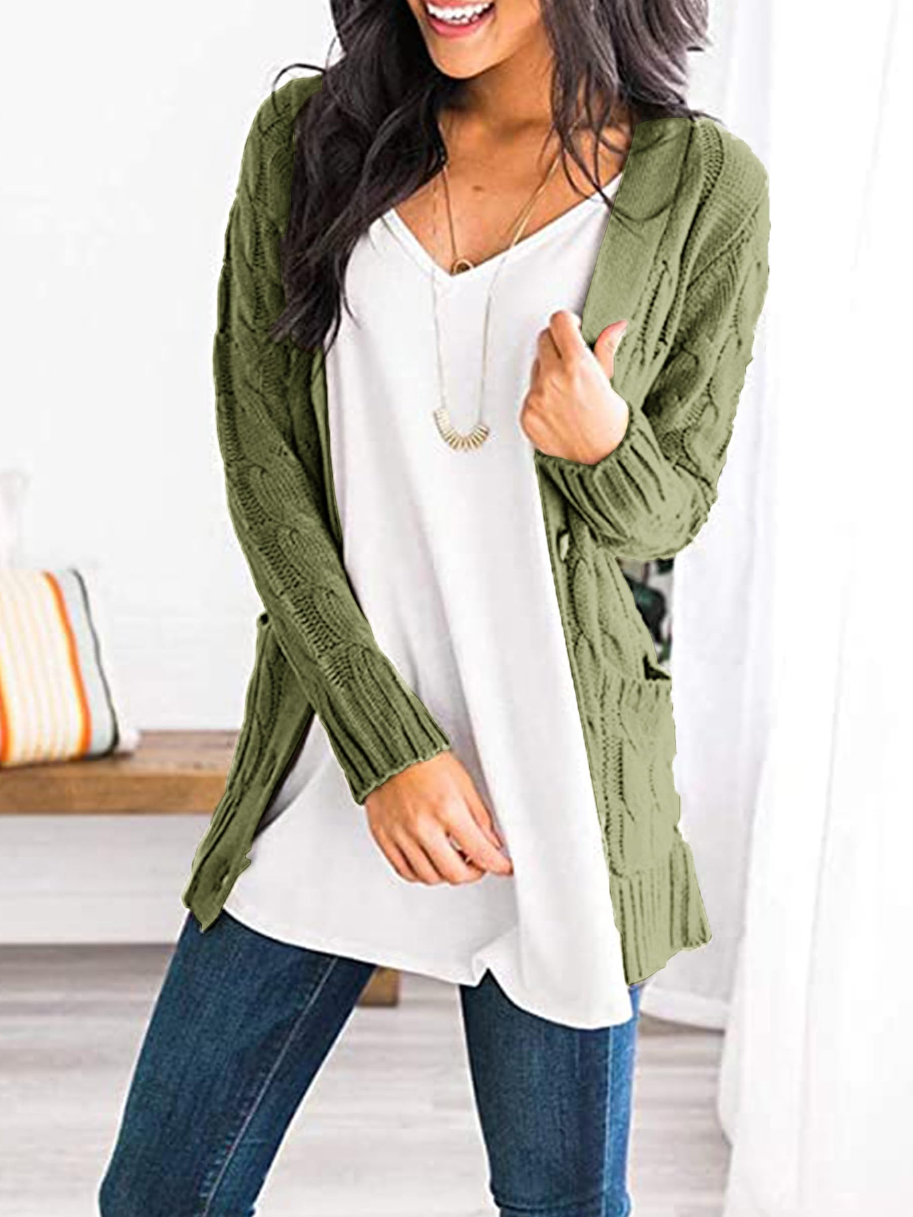 Foto 6 pulgar | Jersey Tipo Cárdigan Prettygarden Para Mujer, Tejido Trenzado, Color Verde Militar - Venta Internacional.