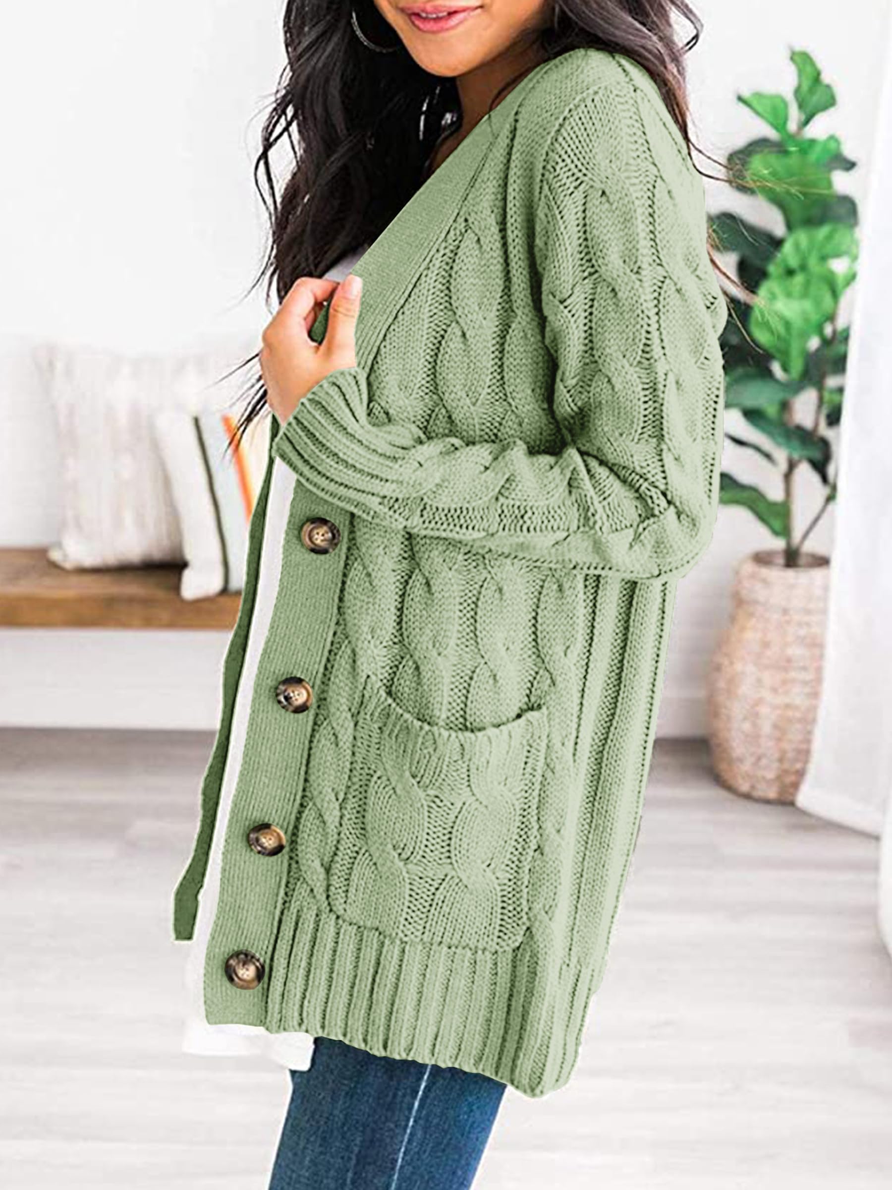 Foto 2 | Jersey Tipo Cárdigan Prettygarden Para Mujer, Tejido Trenzado, Color Verde Claro - Venta Internacional.