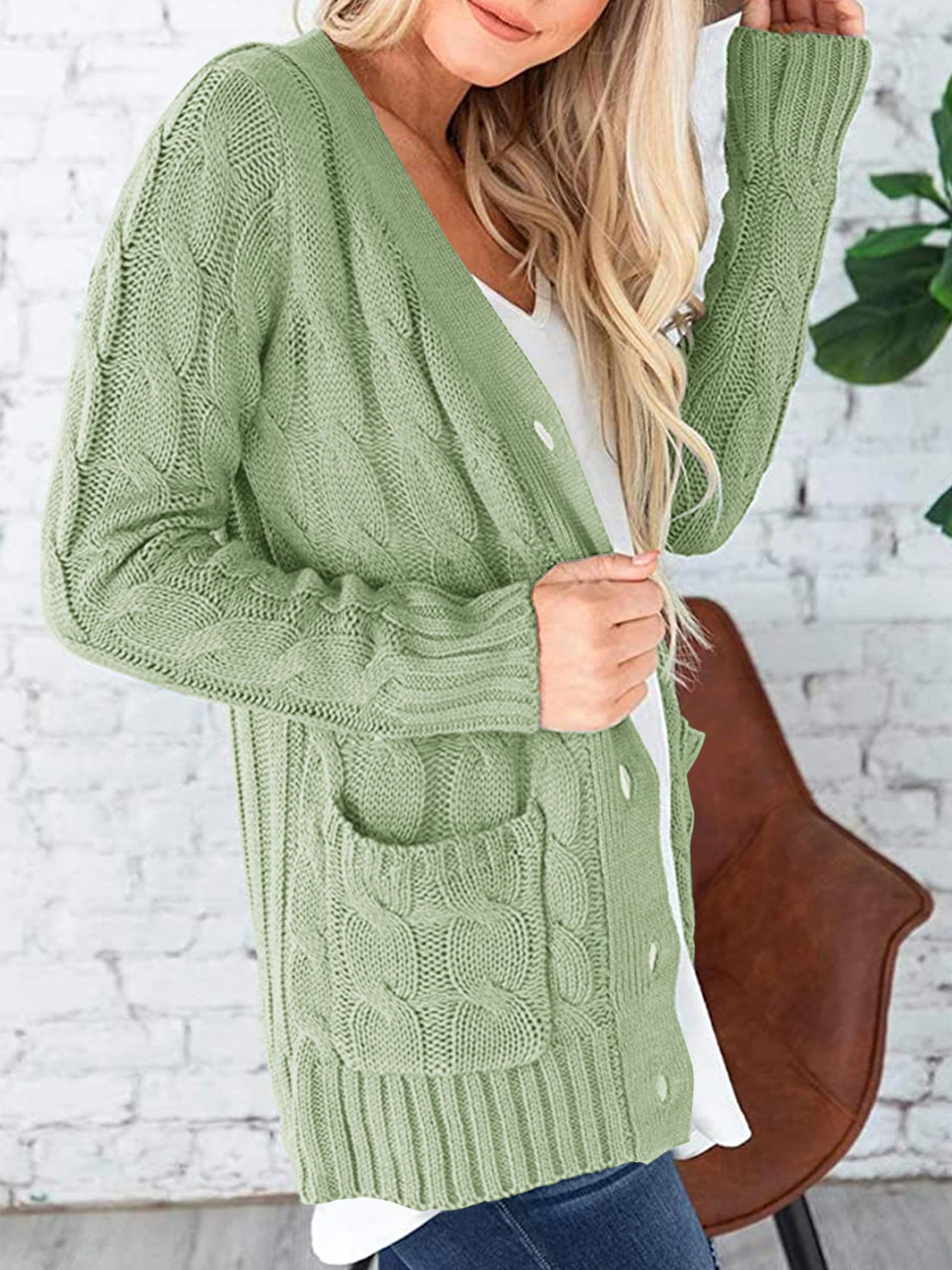 Foto 4 pulgar | Jersey Tipo Cárdigan Prettygarden Para Mujer, Tejido Trenzado, Color Verde Claro - Venta Internacional.